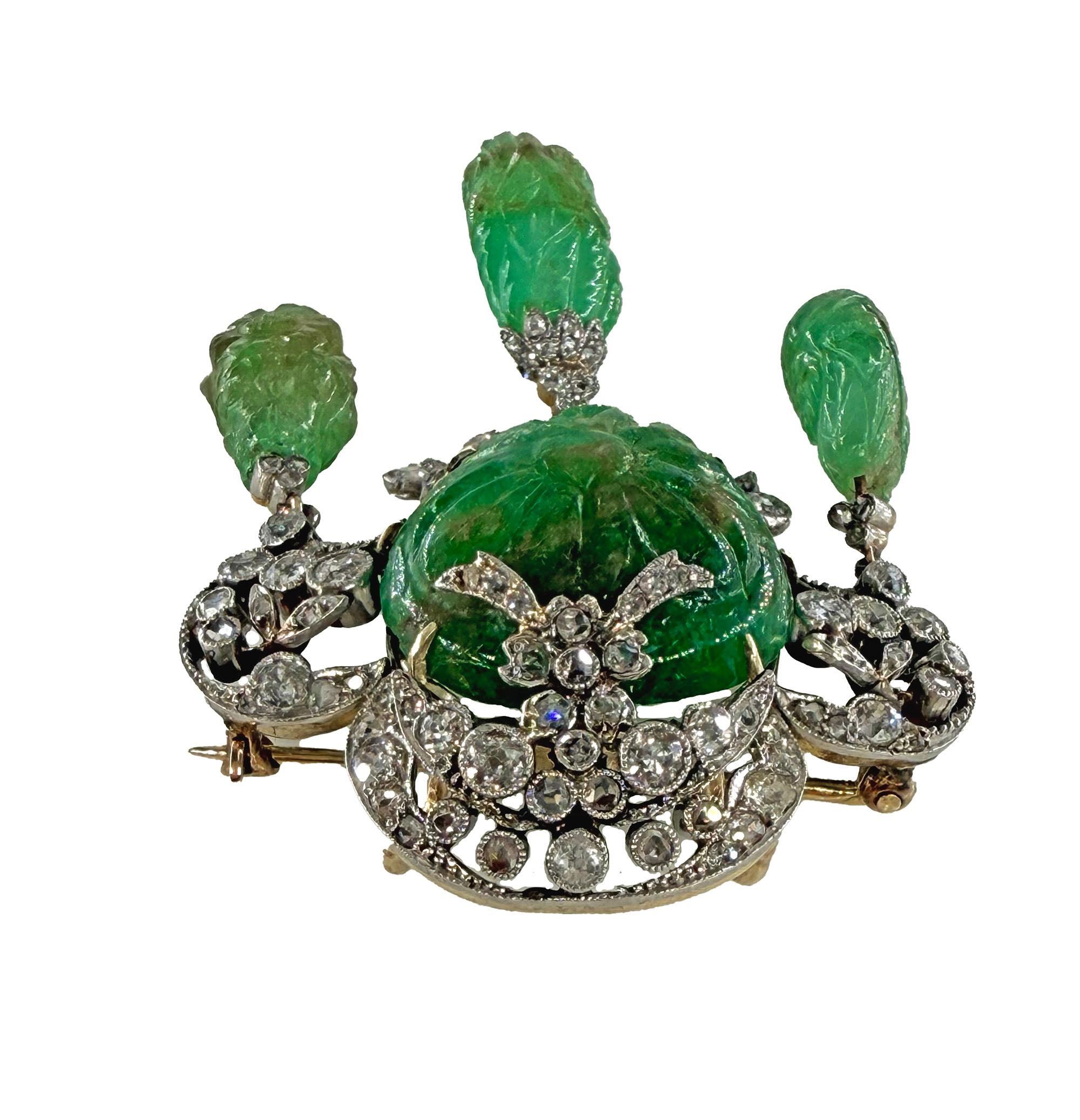 1900er GIA Mughal geschnitzt EMERALD Alte Mine Rose Cut Diamant  Pt 14K Anhänger Brosche im Angebot 2