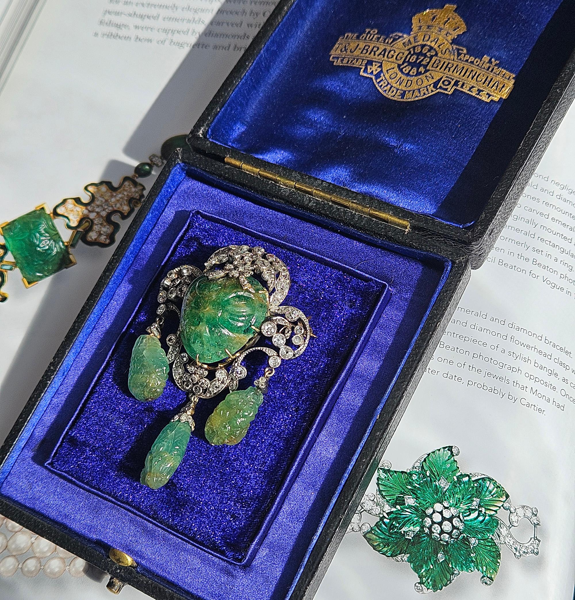 1900er GIA Mughal geschnitzt EMERALD Alte Mine Rose Cut Diamant  Pt 14K Anhänger Brosche im Angebot 3