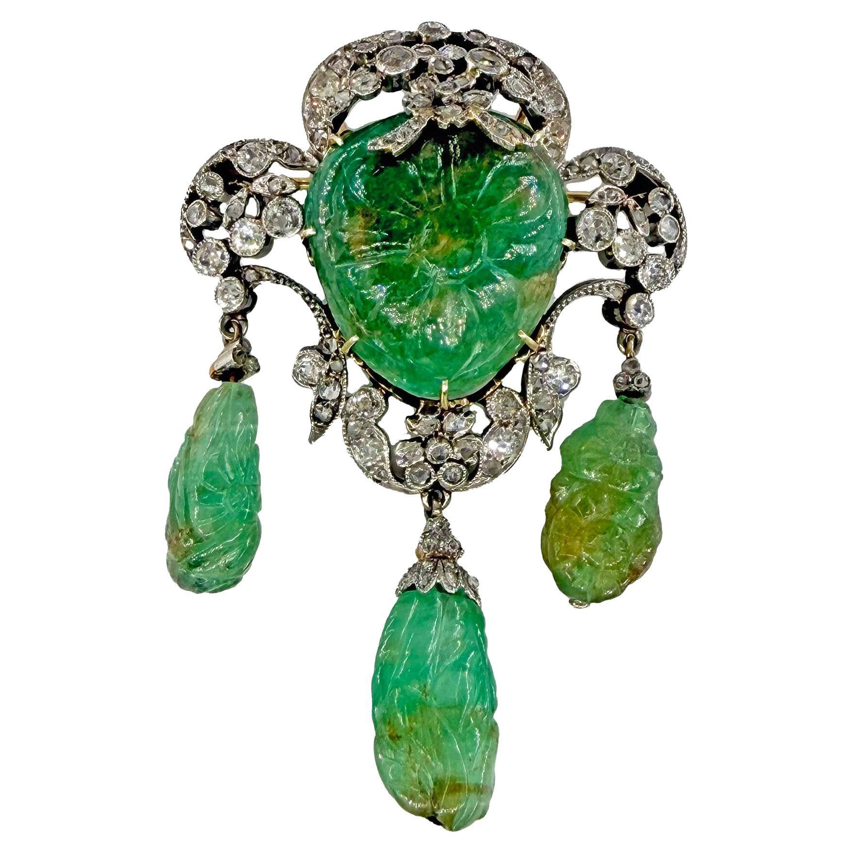1900s GIA EMERALD sculpté Diamonds Mine Rose Cut  Pt 14K Pendentif Broche