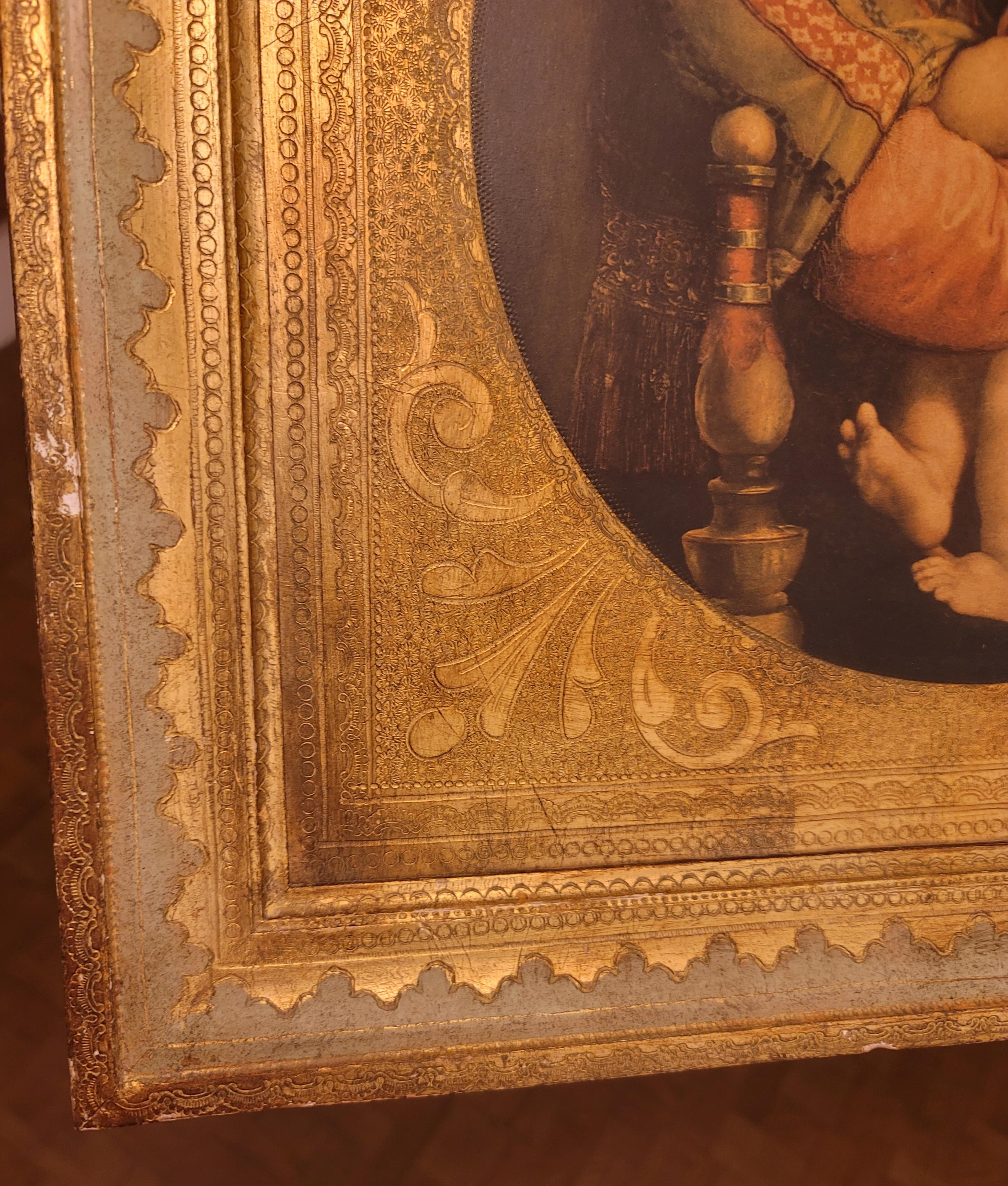 italien Impression de la Madonna of the Chair sur bois encadrée et dorée, années 1900 en vente