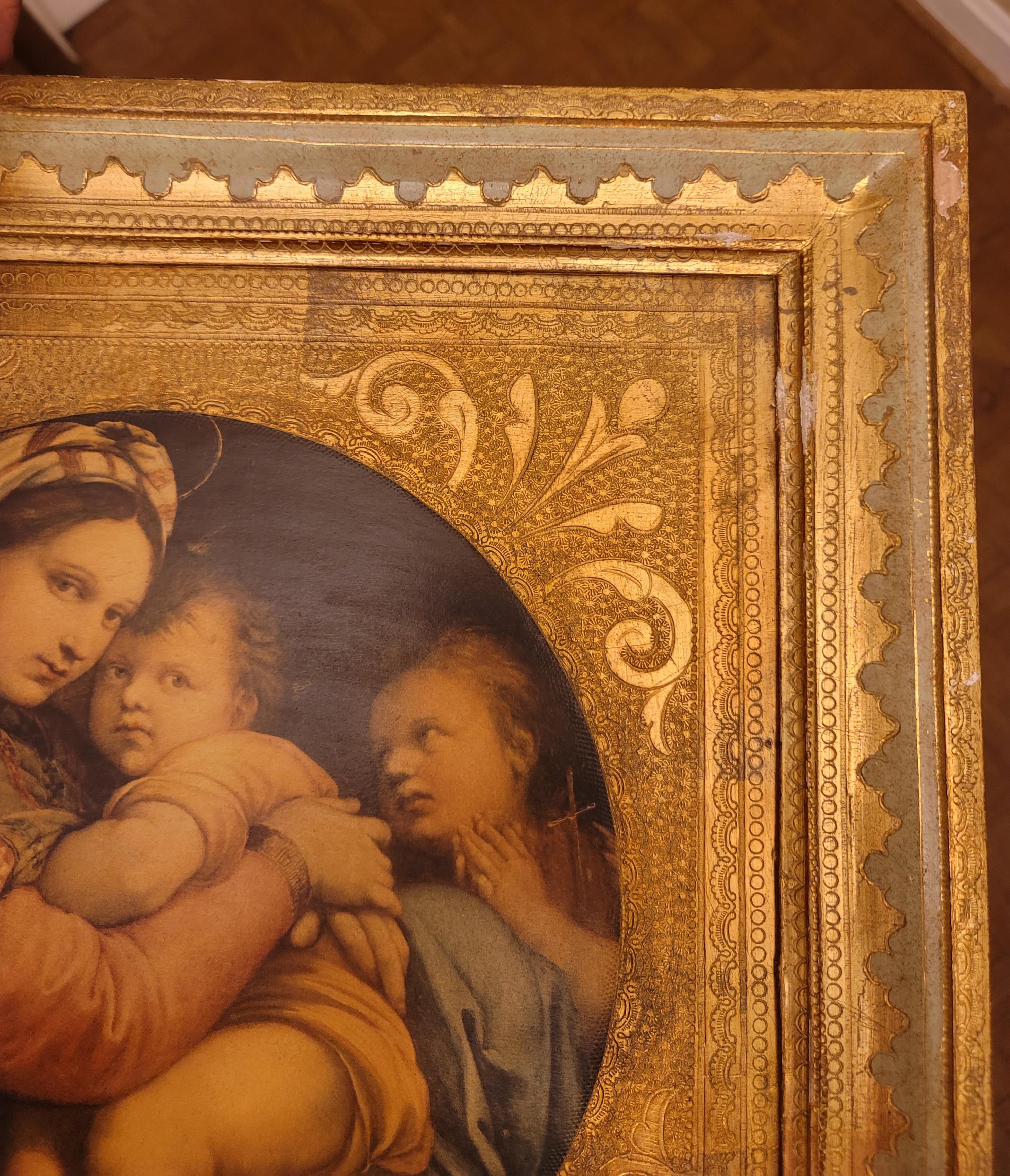 Italian 1900s, Gilt Framed Madonna of the Chair Painting Print on Wood For Sale