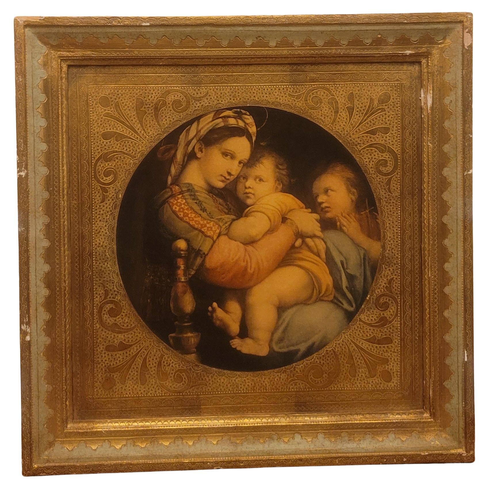 Vergoldete gerahmte Madonna des Stuhls, Gemälde auf Holz, 1900er Jahre