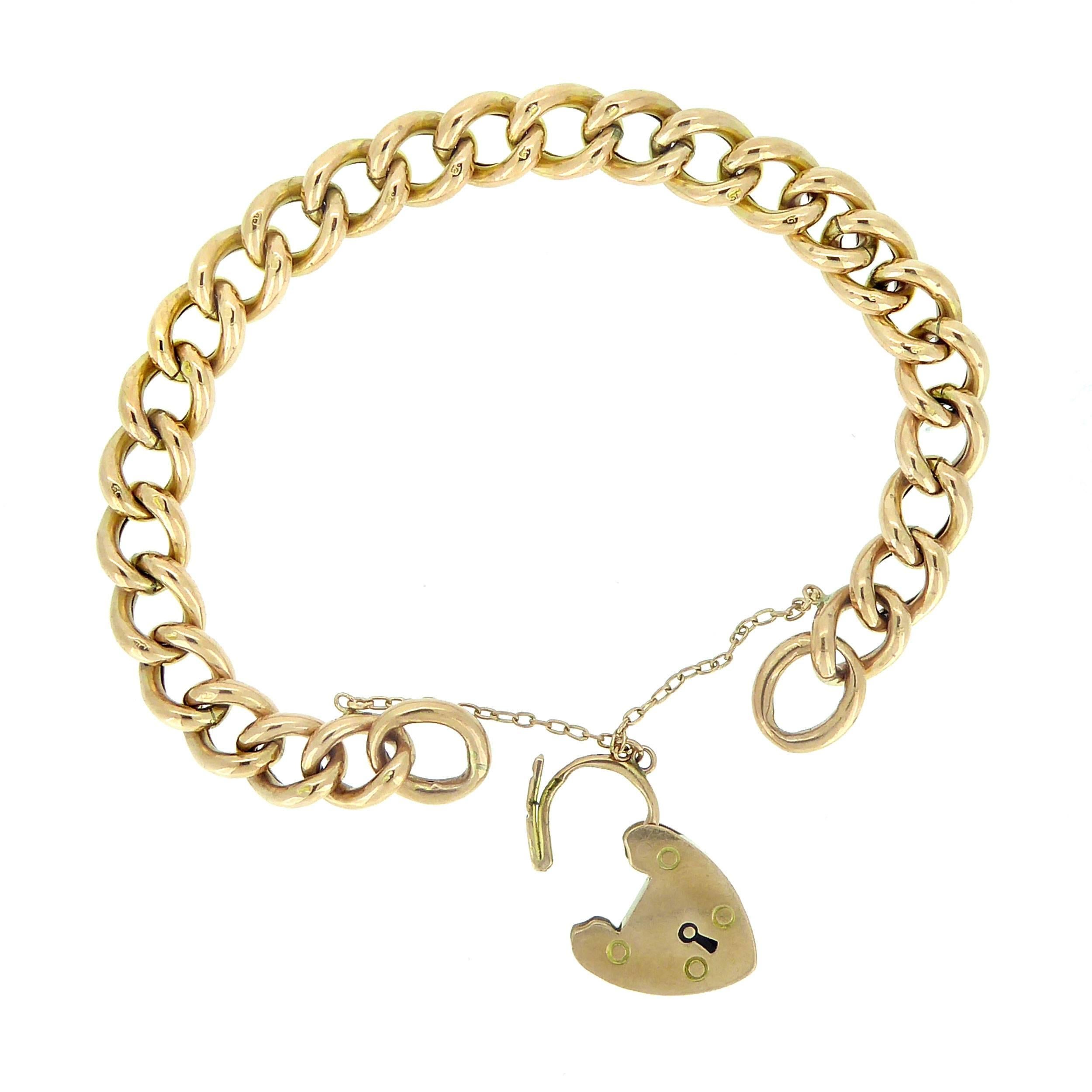 Women's or Men's 1900s Gold Curb Link Bracelet with Padlock and Safety Chain