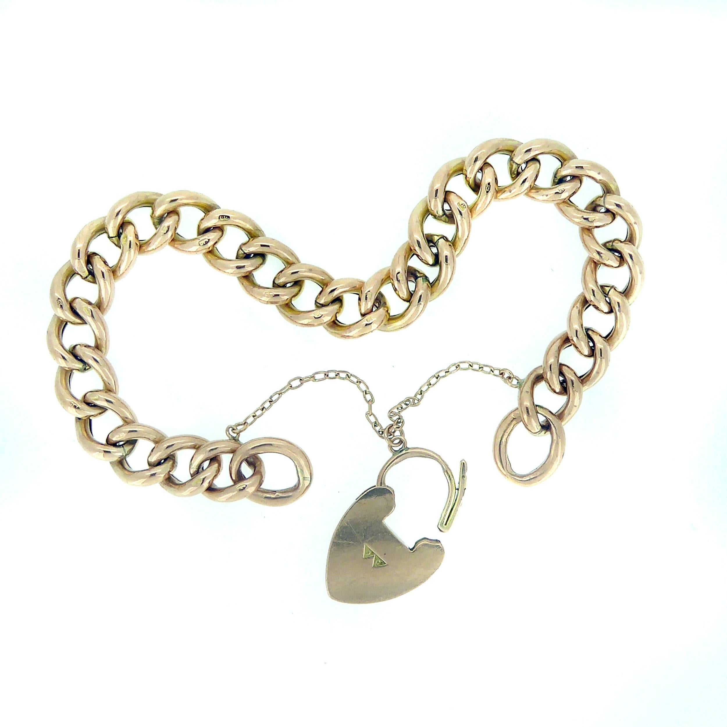 1900s Gold Curb Link Bracelet with Padlock and Safety Chain 1