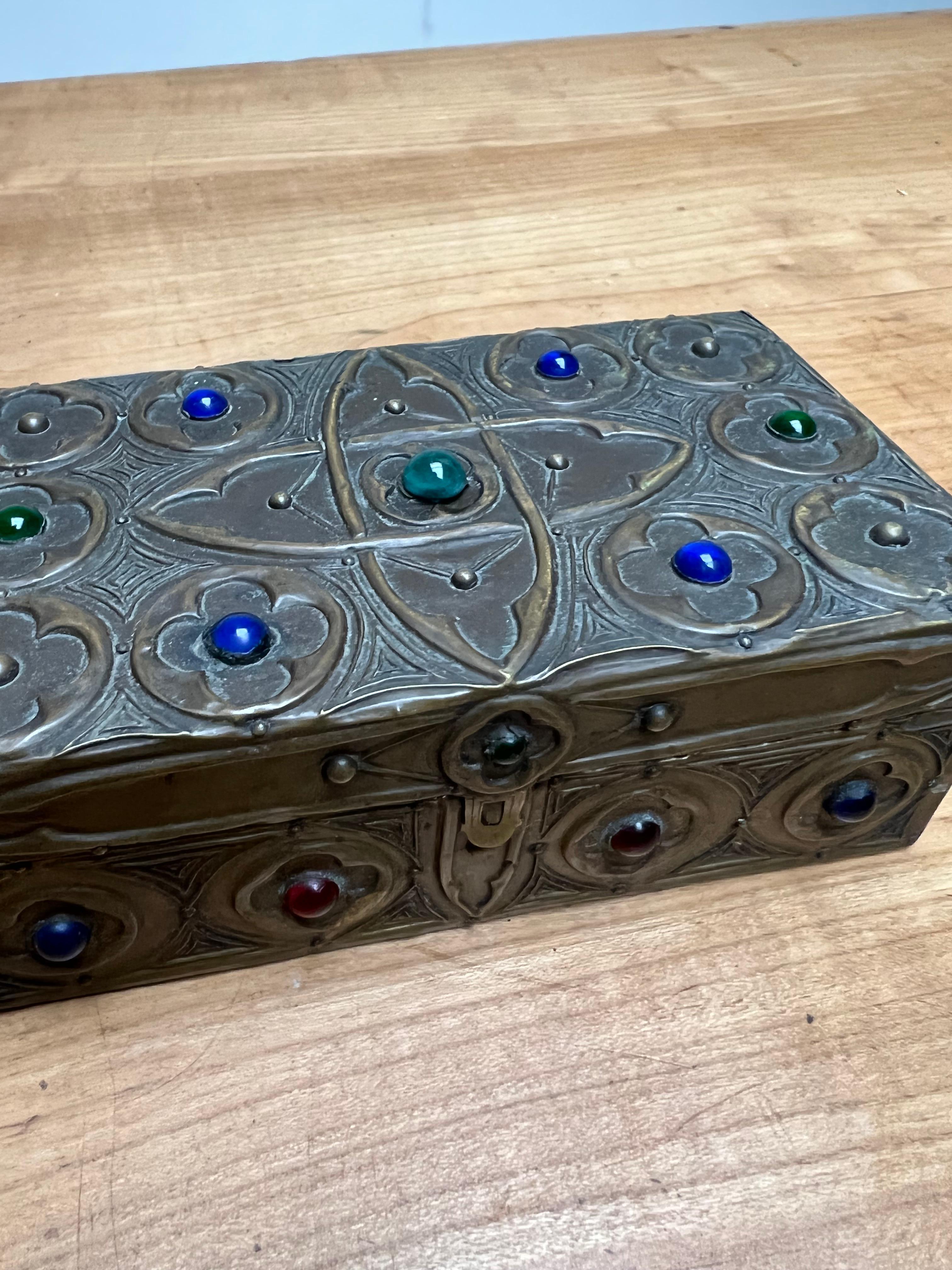 1900s Gothic Revival Embossed Copper & Inlaid Stones Wooden Box, Marked & Dated 5