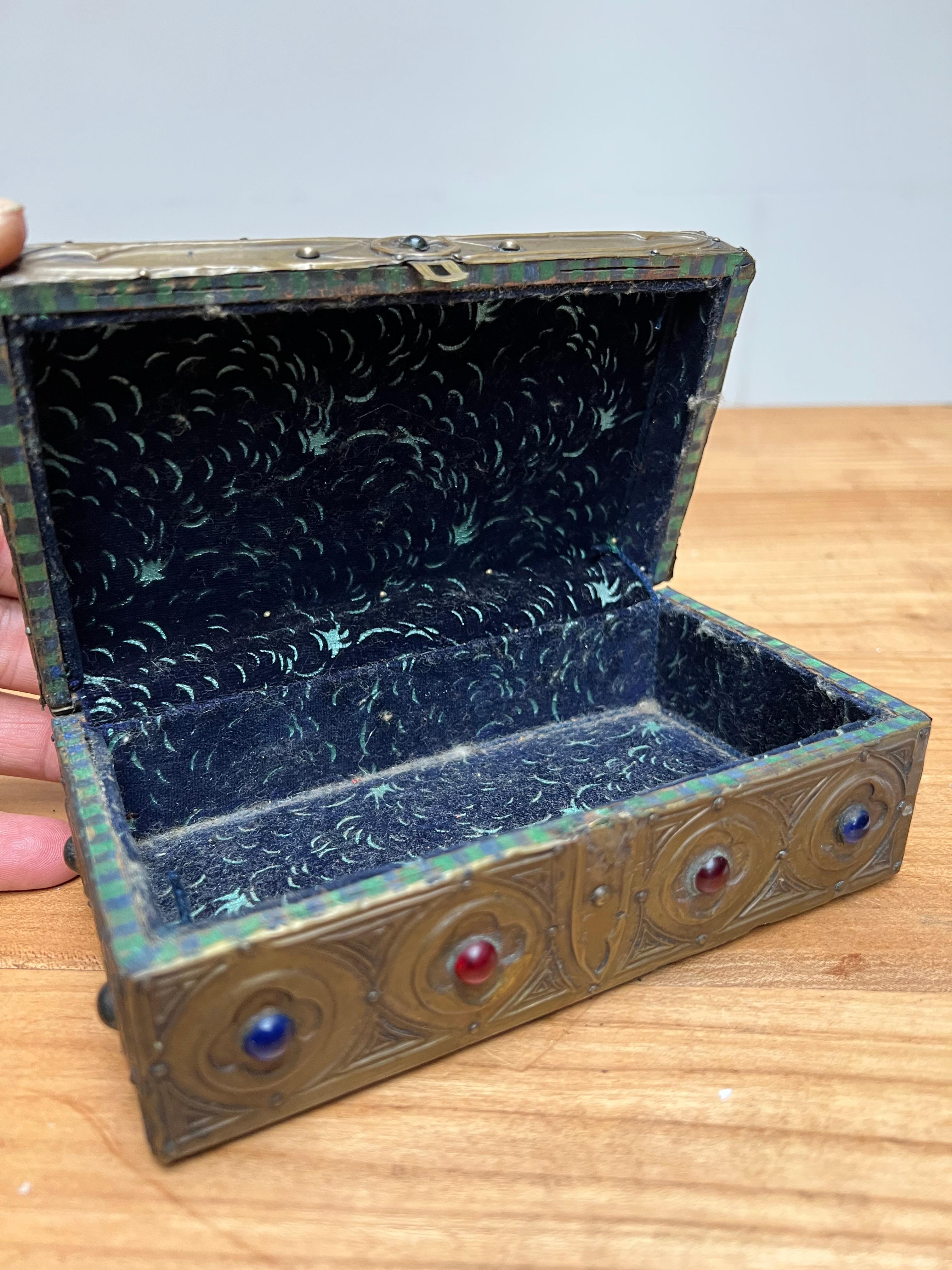 1900s Gothic Revival Embossed Copper & Inlaid Stones Wooden Box, Marked & Dated 6