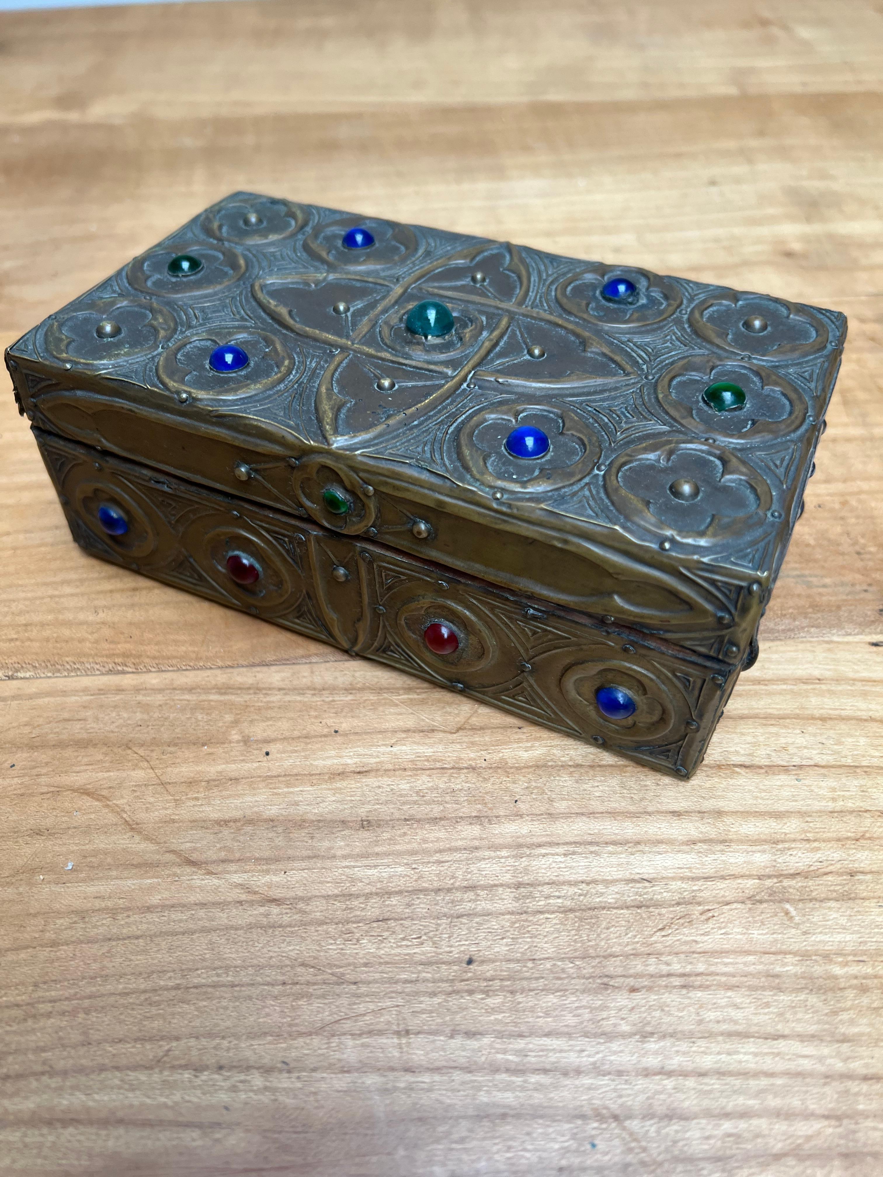 1900s Gothic Revival Embossed Copper & Inlaid Stones Wooden Box, Marked & Dated 7