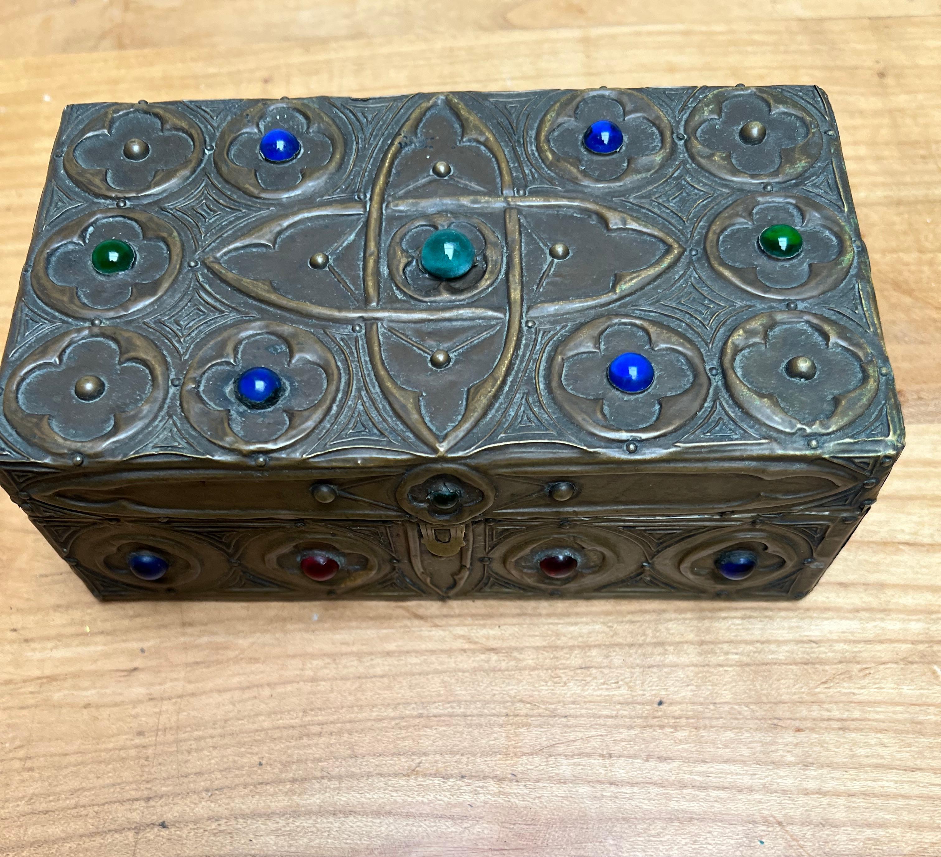 1900s Gothic Revival Embossed Copper & Inlaid Stones Wooden Box, Marked & Dated 8