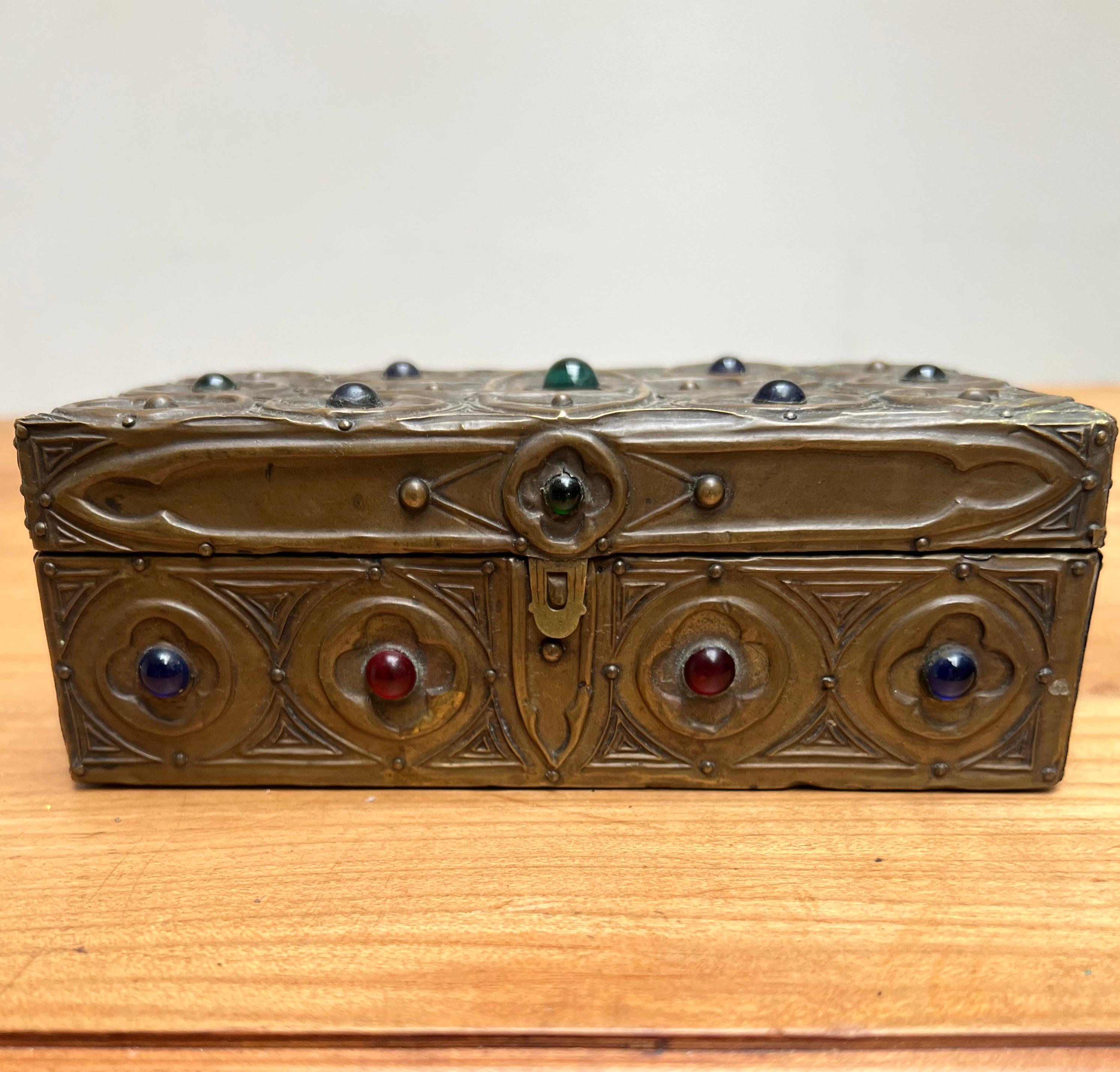1900s Gothic Revival Embossed Copper & Inlaid Stones Wooden Box, Marked & Dated 10