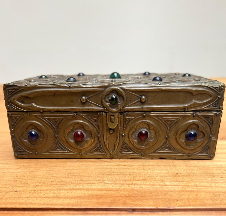 1900s Gothic Revival Embossed Copper & Inlaid Stones Wooden Box, Marked & Dated For Sale 10