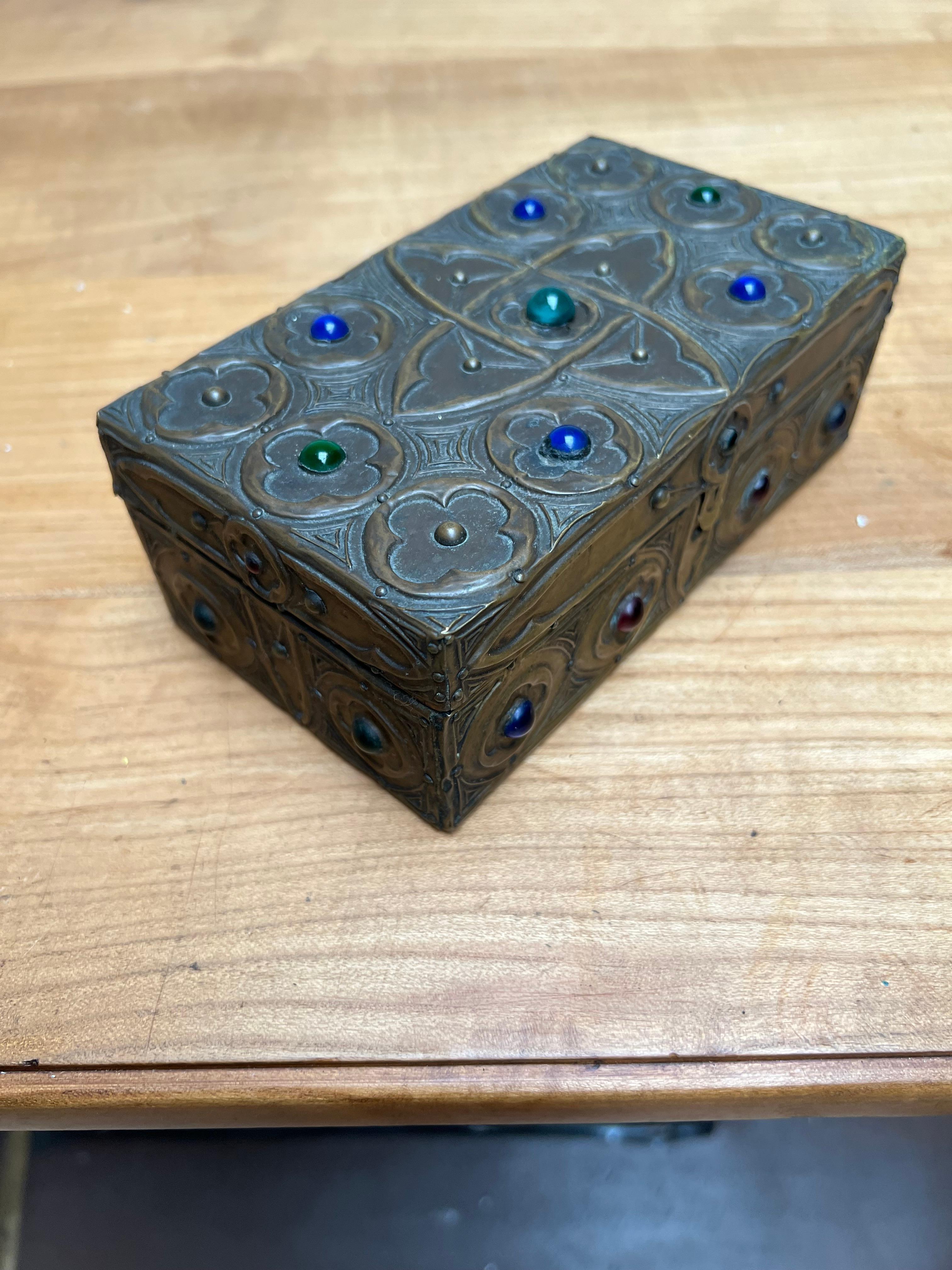 1900s Gothic Revival Embossed Copper & Inlaid Stones Wooden Box, Marked & Dated 11