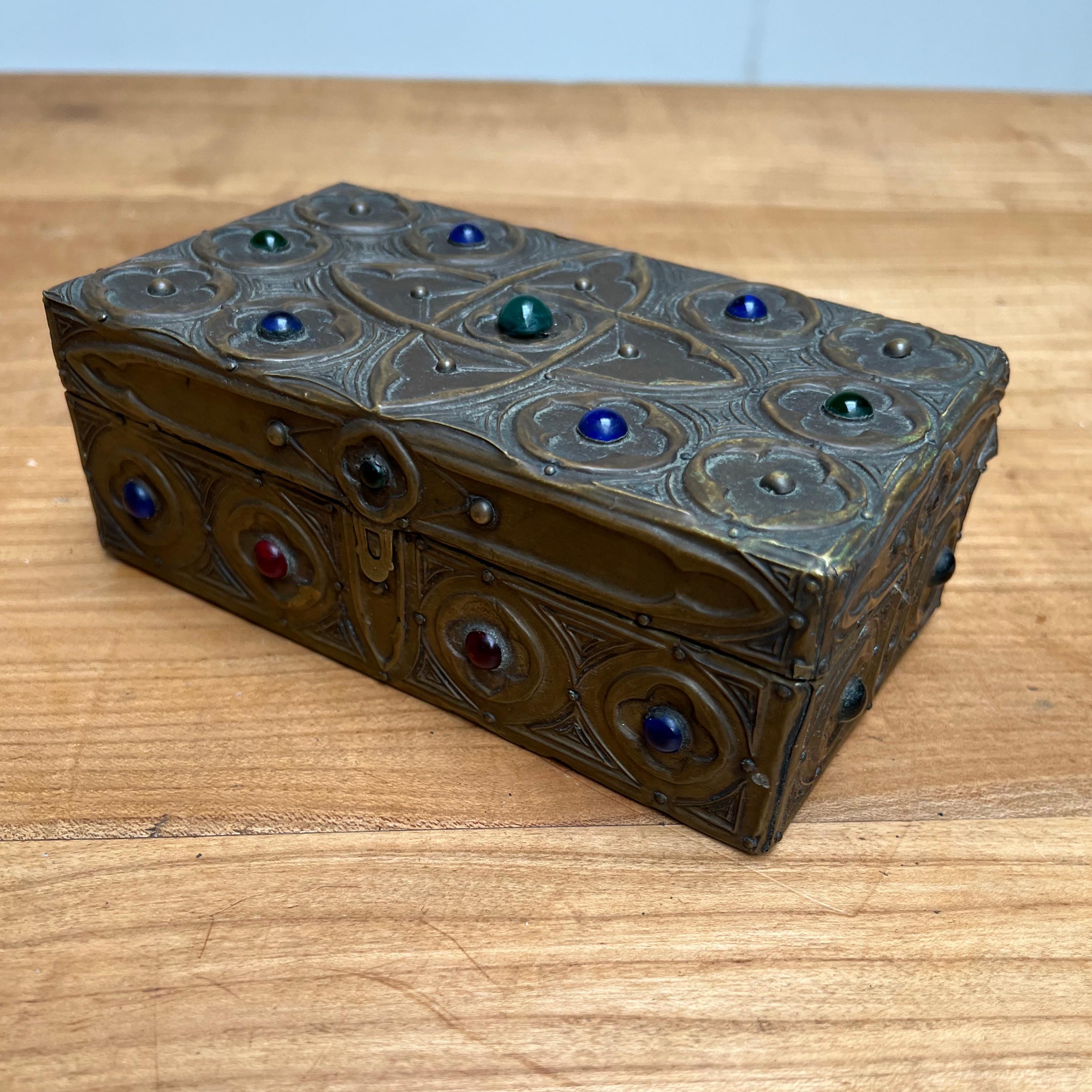 1900s Gothic Revival Embossed Copper & Inlaid Stones Wooden Box, Marked & Dated 12