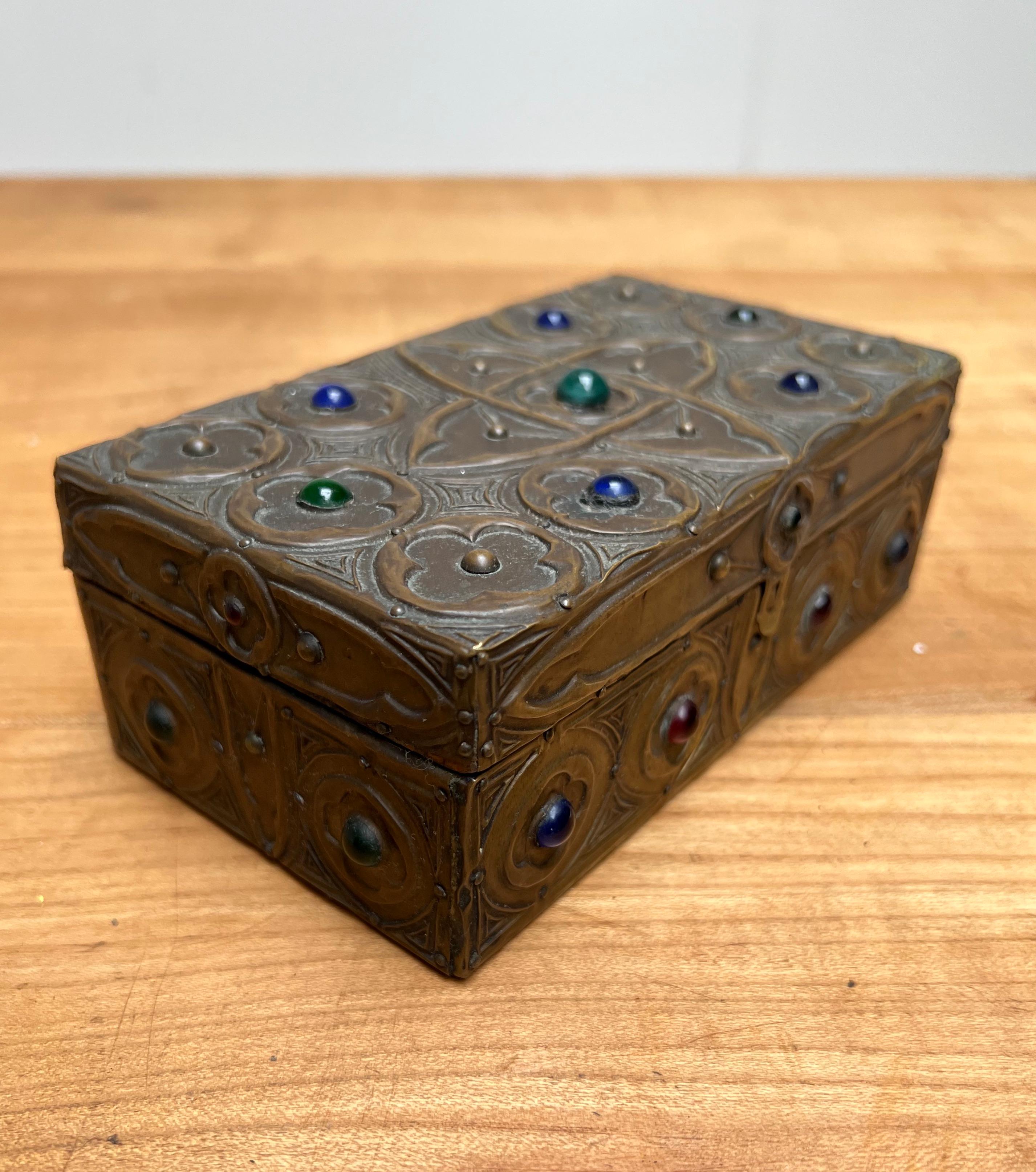 1900s Gothic Revival Embossed Copper & Inlaid Stones Wooden Box, Marked & Dated 13