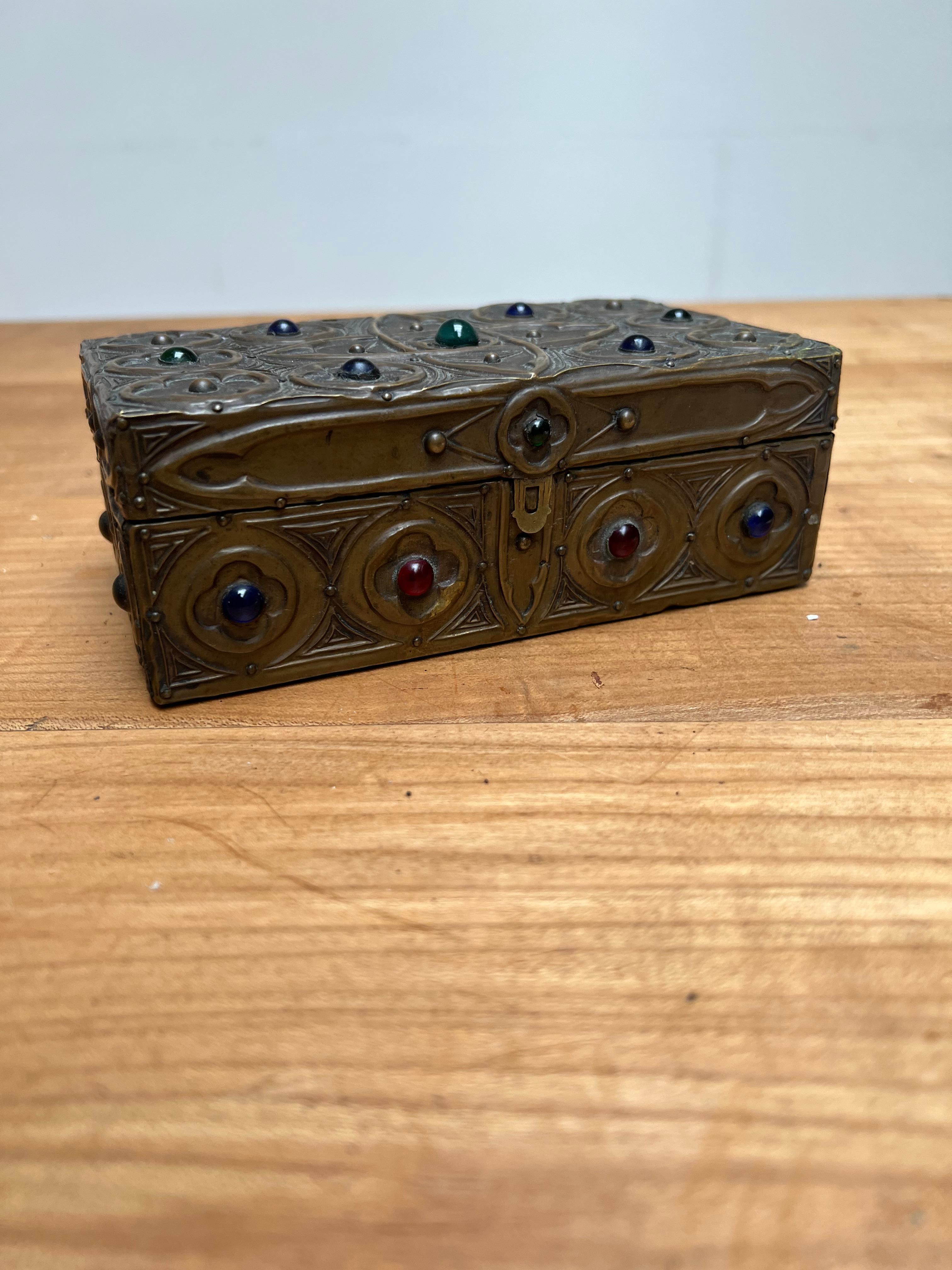 1900s Gothic Revival Embossed Copper & Inlaid Stones Wooden Box, Marked & Dated 14