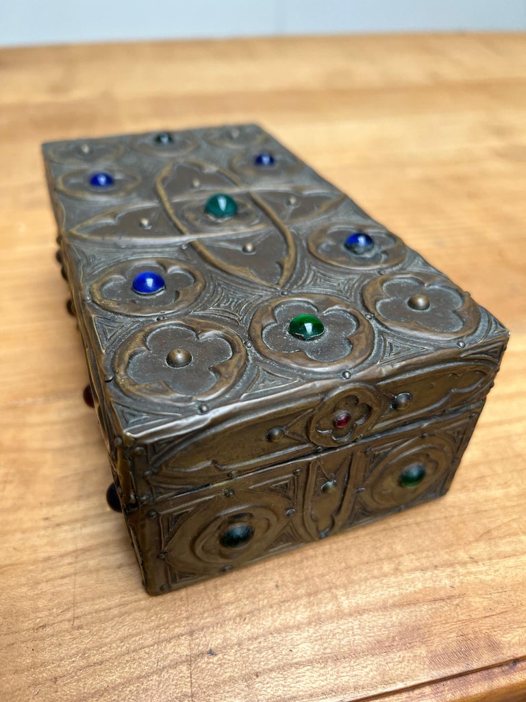 European 1900s Gothic Revival Embossed Copper & Inlaid Stones Wooden Box, Marked & Dated For Sale