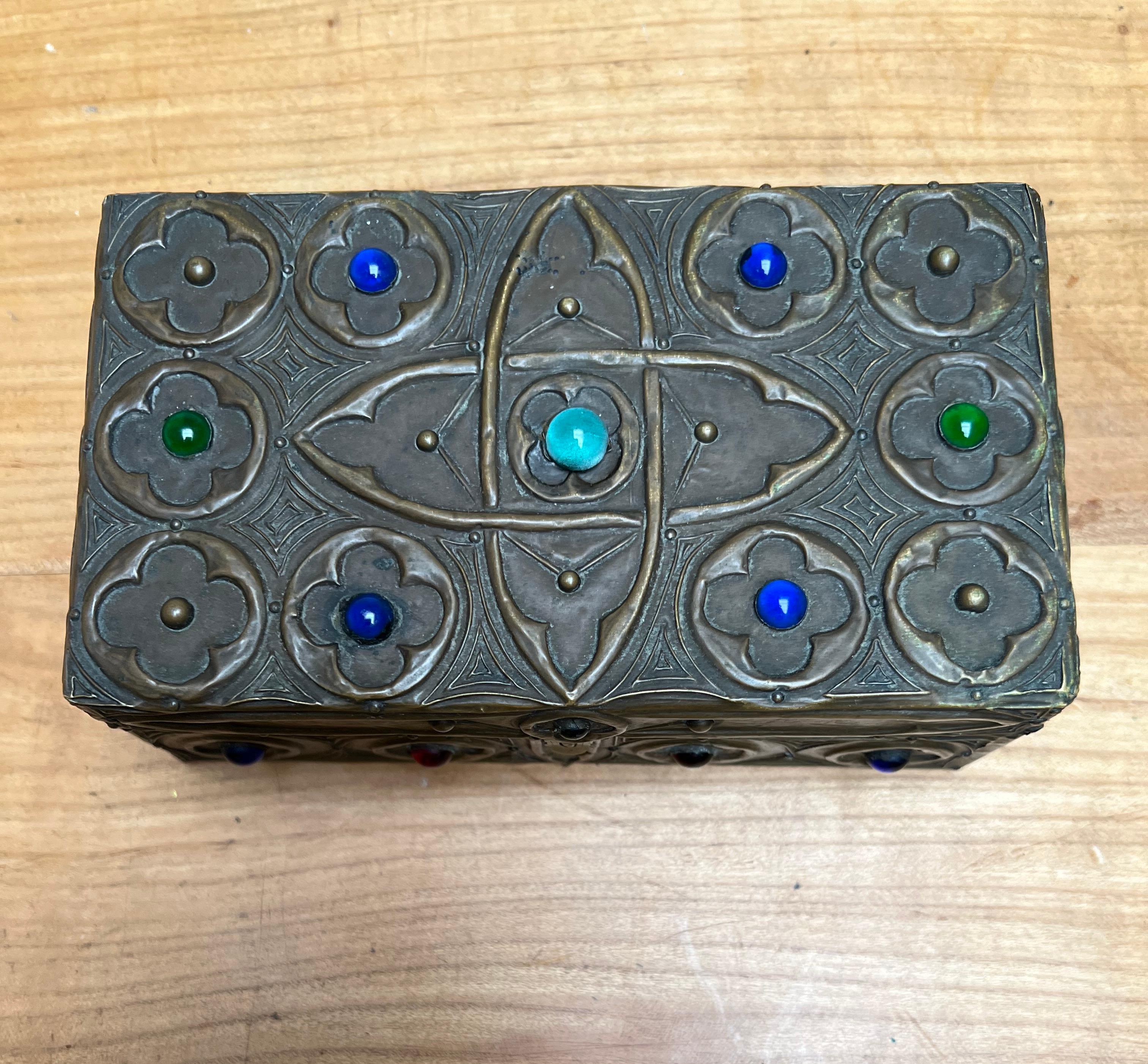 20th Century 1900s Gothic Revival Embossed Copper & Inlaid Stones Wooden Box, Marked & Dated