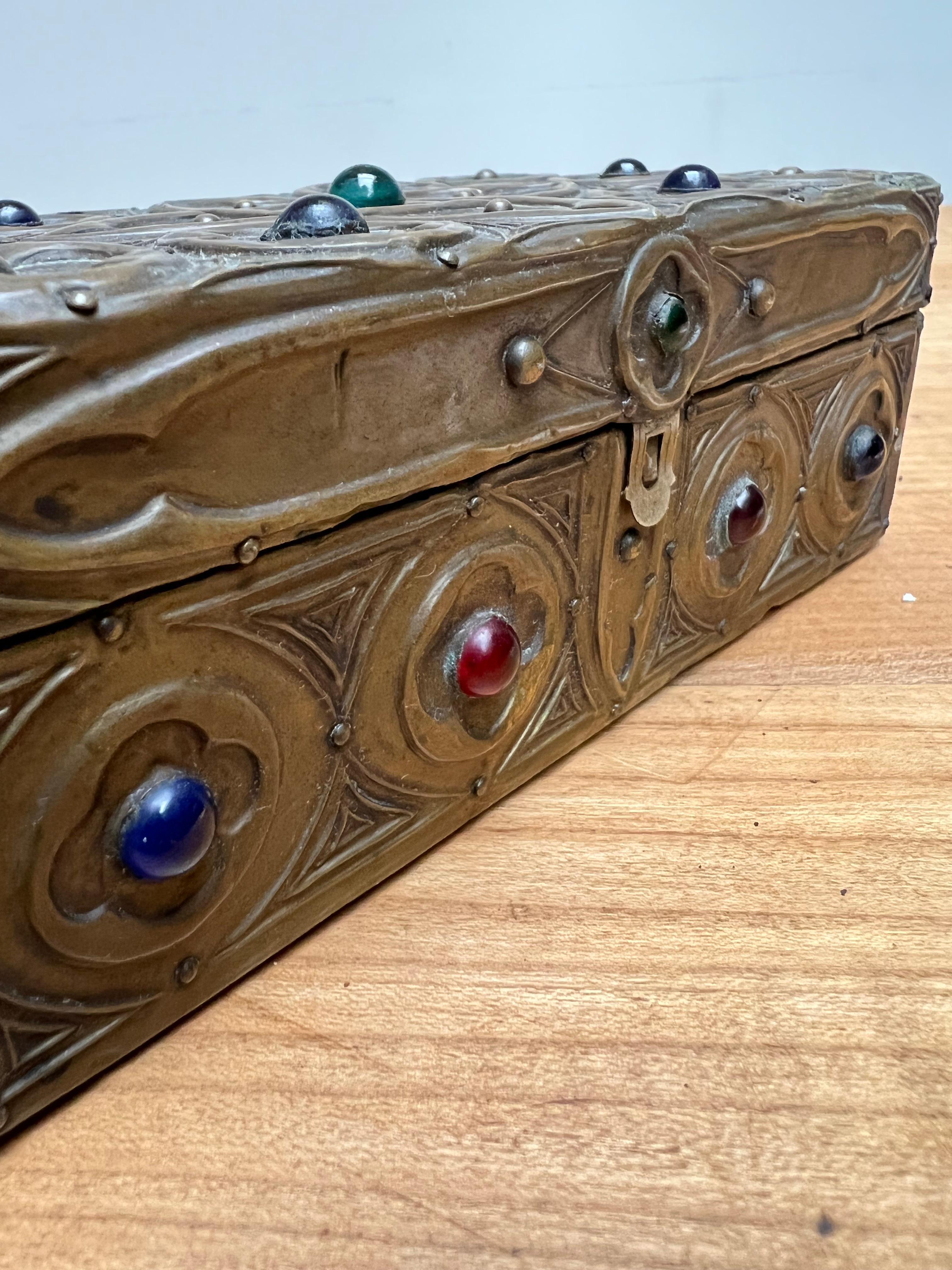 1900s Gothic Revival Embossed Copper & Inlaid Stones Wooden Box, Marked & Dated 1