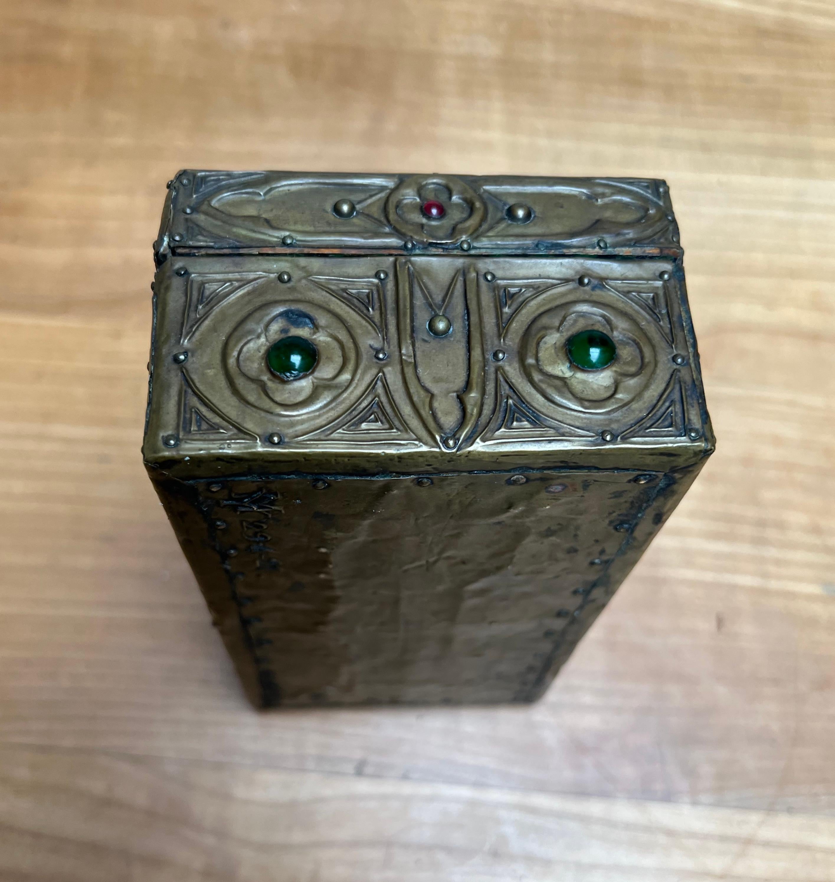 1900s Gothic Revival Embossed Copper & Inlaid Stones Wooden Box, Marked & Dated 2