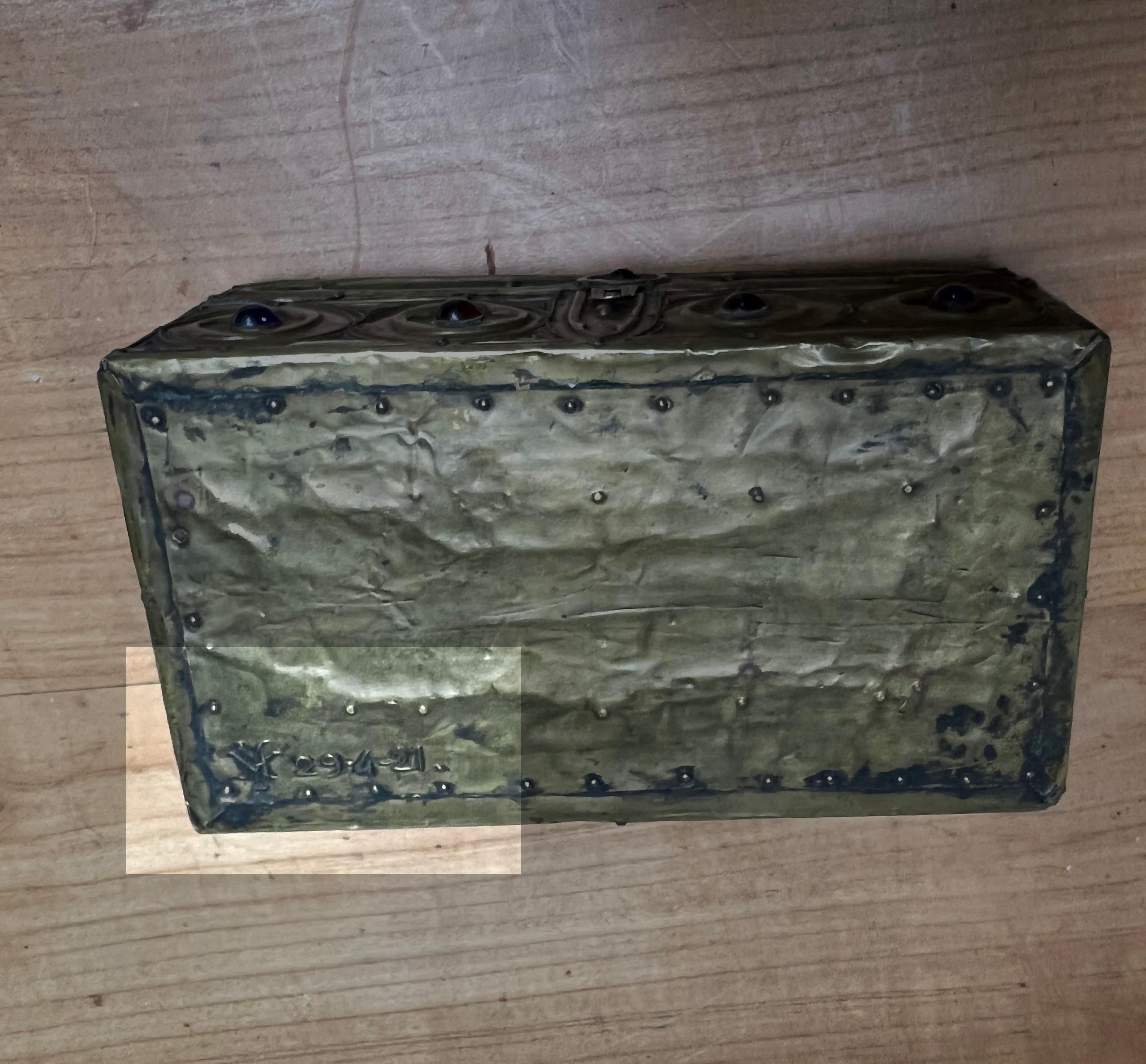 1900s Gothic Revival Embossed Copper & Inlaid Stones Wooden Box, Marked & Dated 3