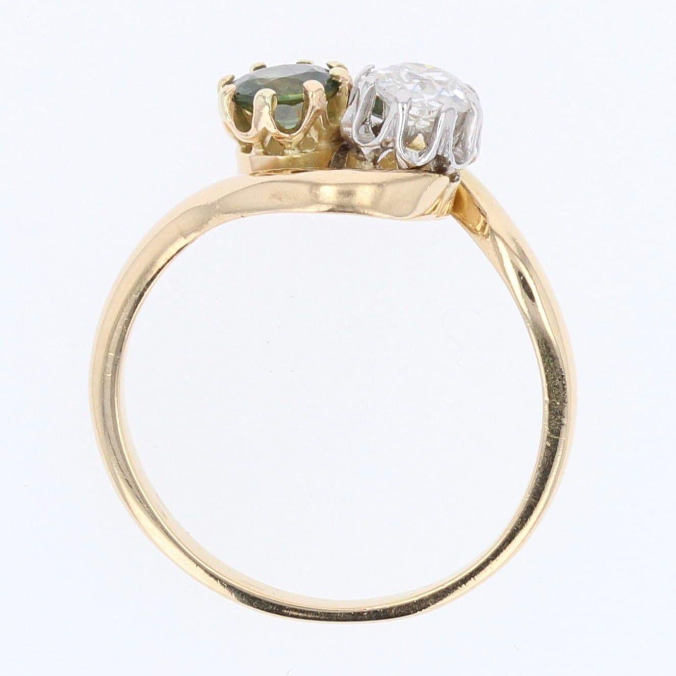 1900s Green Sapphire Diamond 18 Karat Yellow Gold You and Me Ring 4
