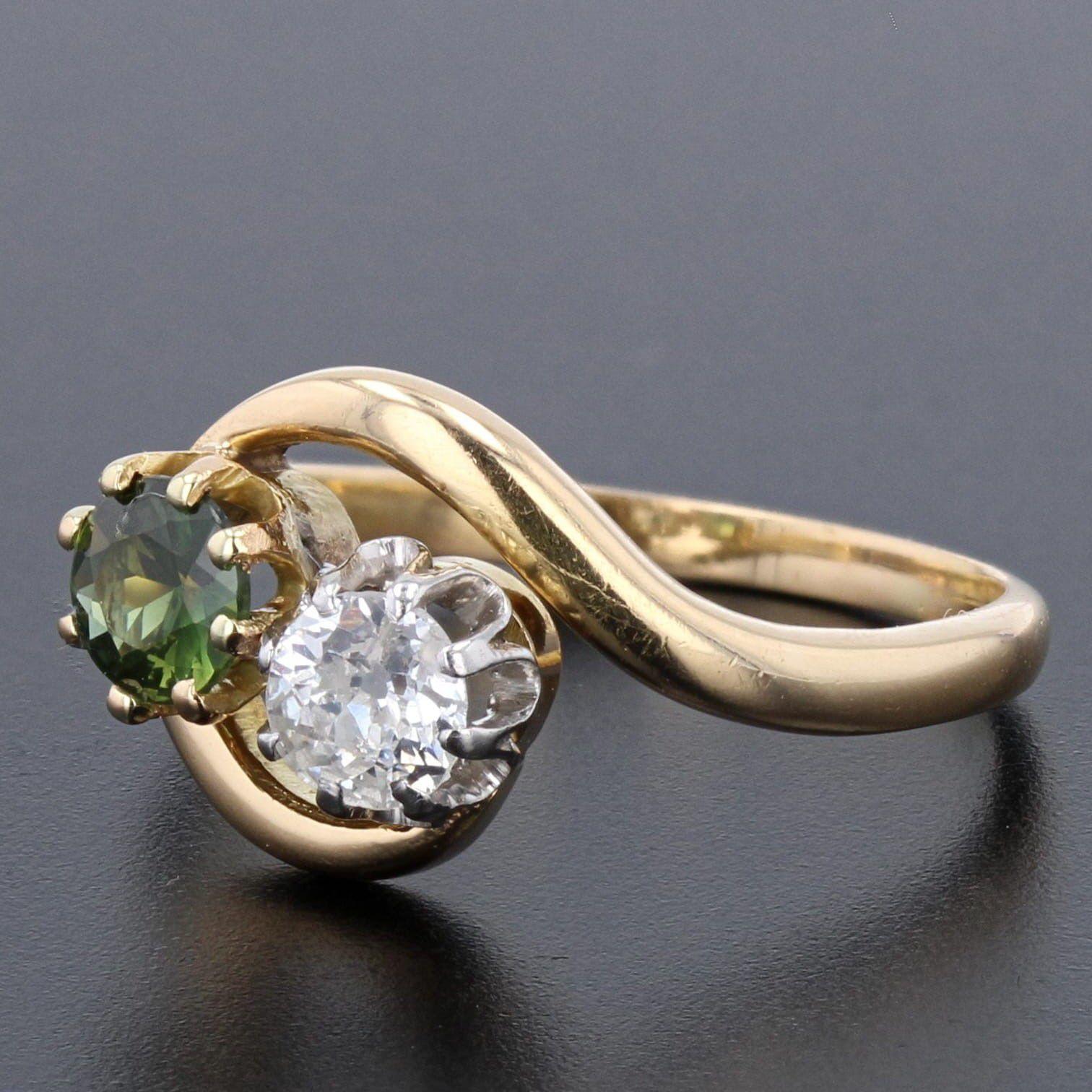 Brilliant Cut 1900s Green Sapphire Diamond 18 Karat Yellow Gold You and Me Ring
