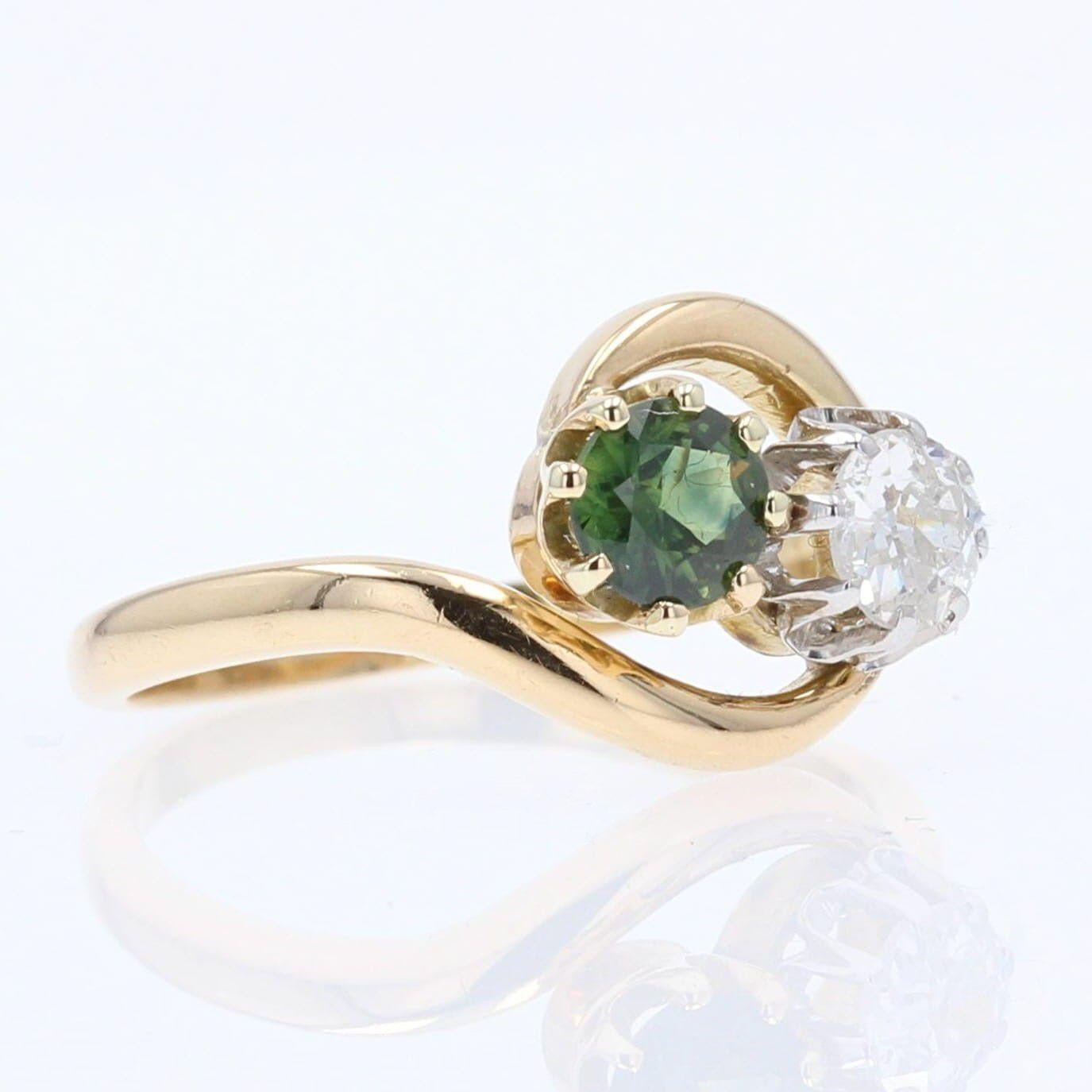 Women's 1900s Green Sapphire Diamond 18 Karat Yellow Gold You and Me Ring