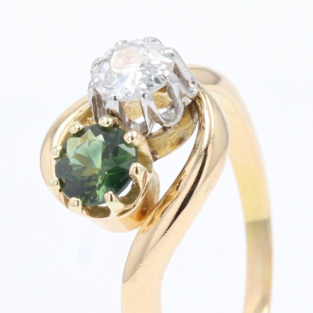 1900s Green Sapphire Diamond 18 Karat Yellow Gold You and Me Ring 1