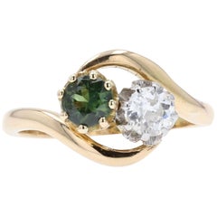1900s Green Sapphire Diamond 18 Karat Yellow Gold You and Me Ring