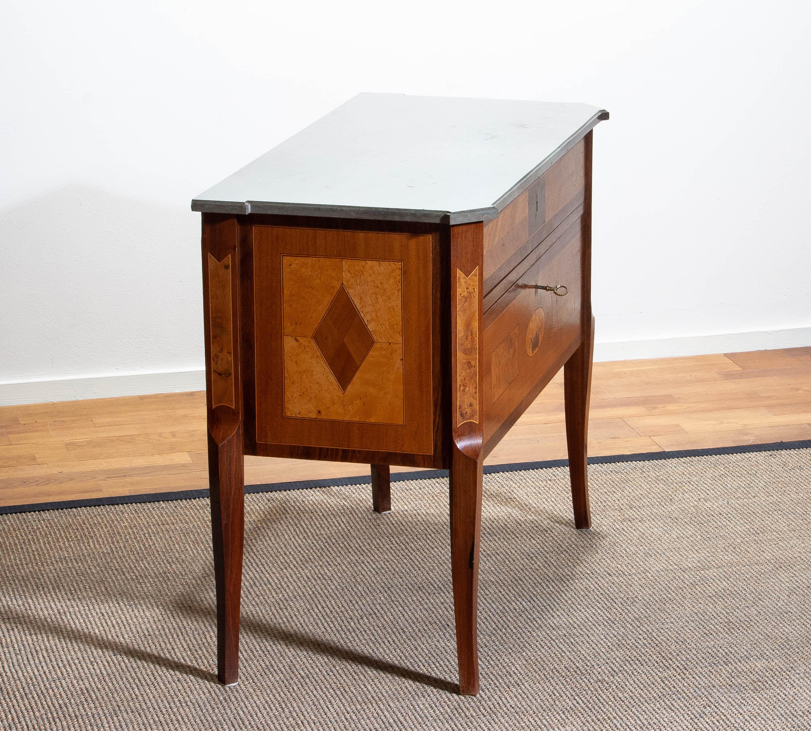 1900s, Gustavian Walnut Birch Fruits Mahogany Commode Dresser with Kolmarden Top 4