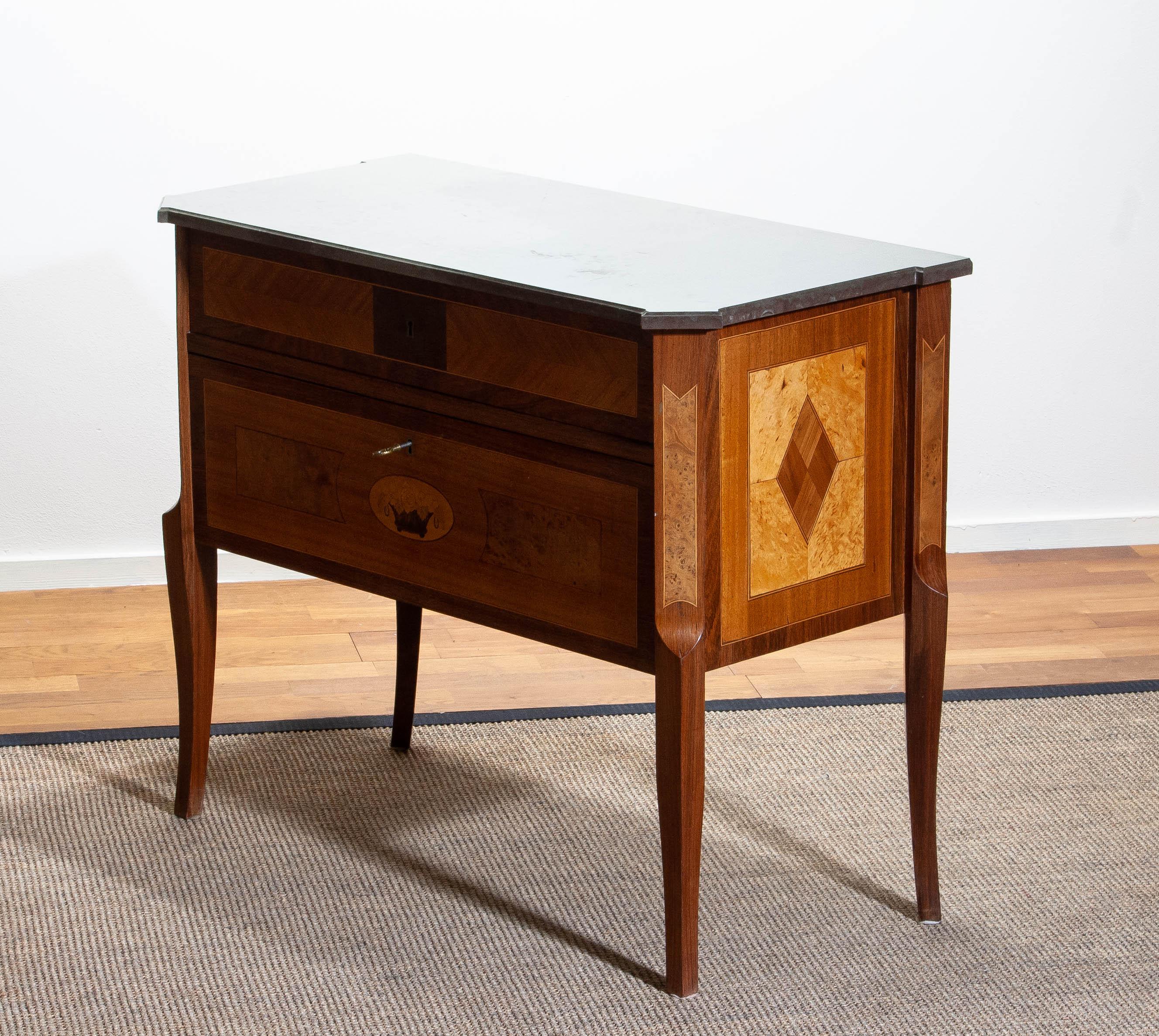 1900s, Gustavian Walnut Birch Fruits Mahogany Commode Dresser with Kolmarden Top 7