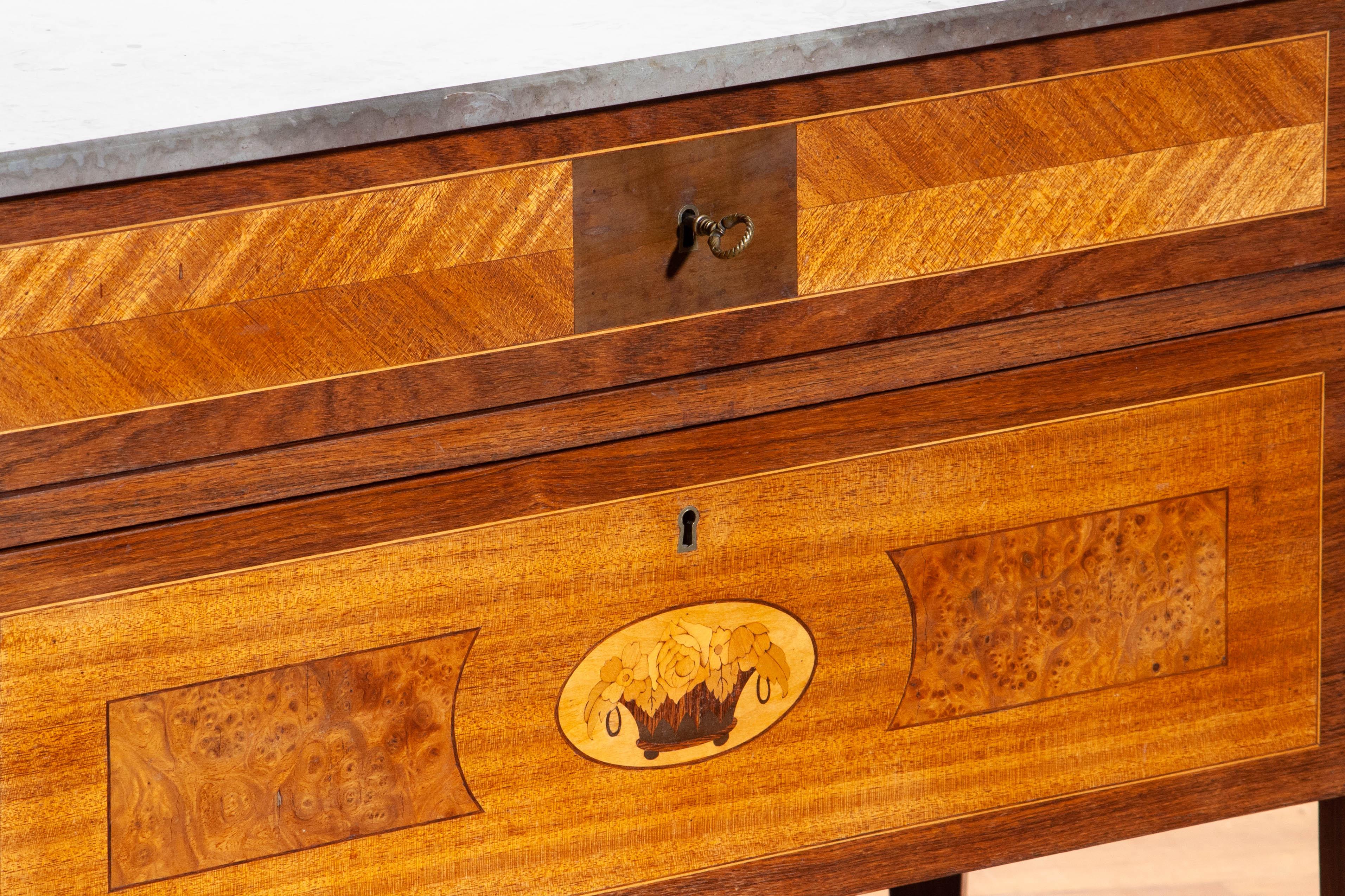 Early 20th Century 1900s, Gustavian Walnut Birch Fruits Mahogany Commode Dresser with Kolmarden Top