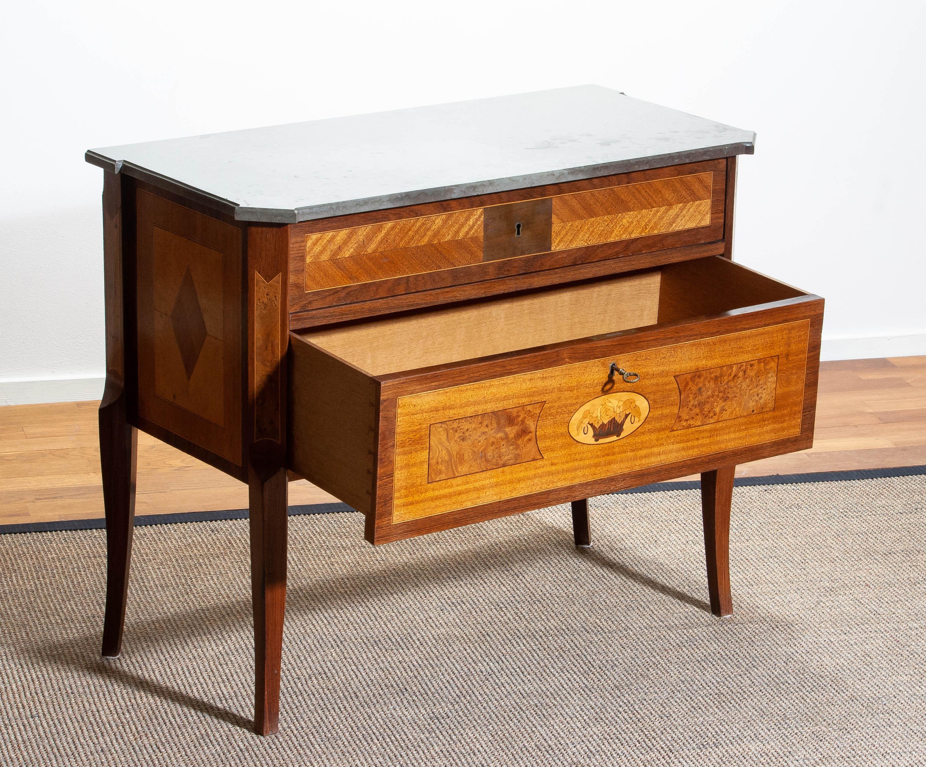 1900s, Gustavian Walnut Birch Fruits Mahogany Commode Dresser with Kolmarden Top 1