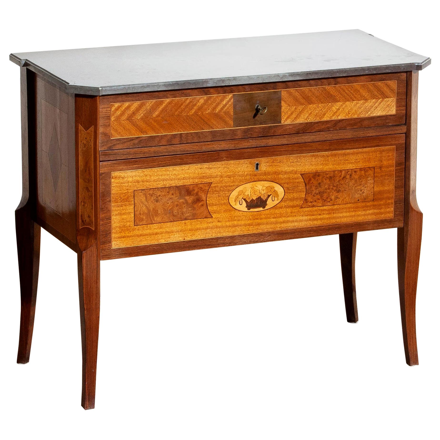 1900s, Gustavian Walnut Birch Fruits Mahogany Commode Dresser with Kolmarden Top