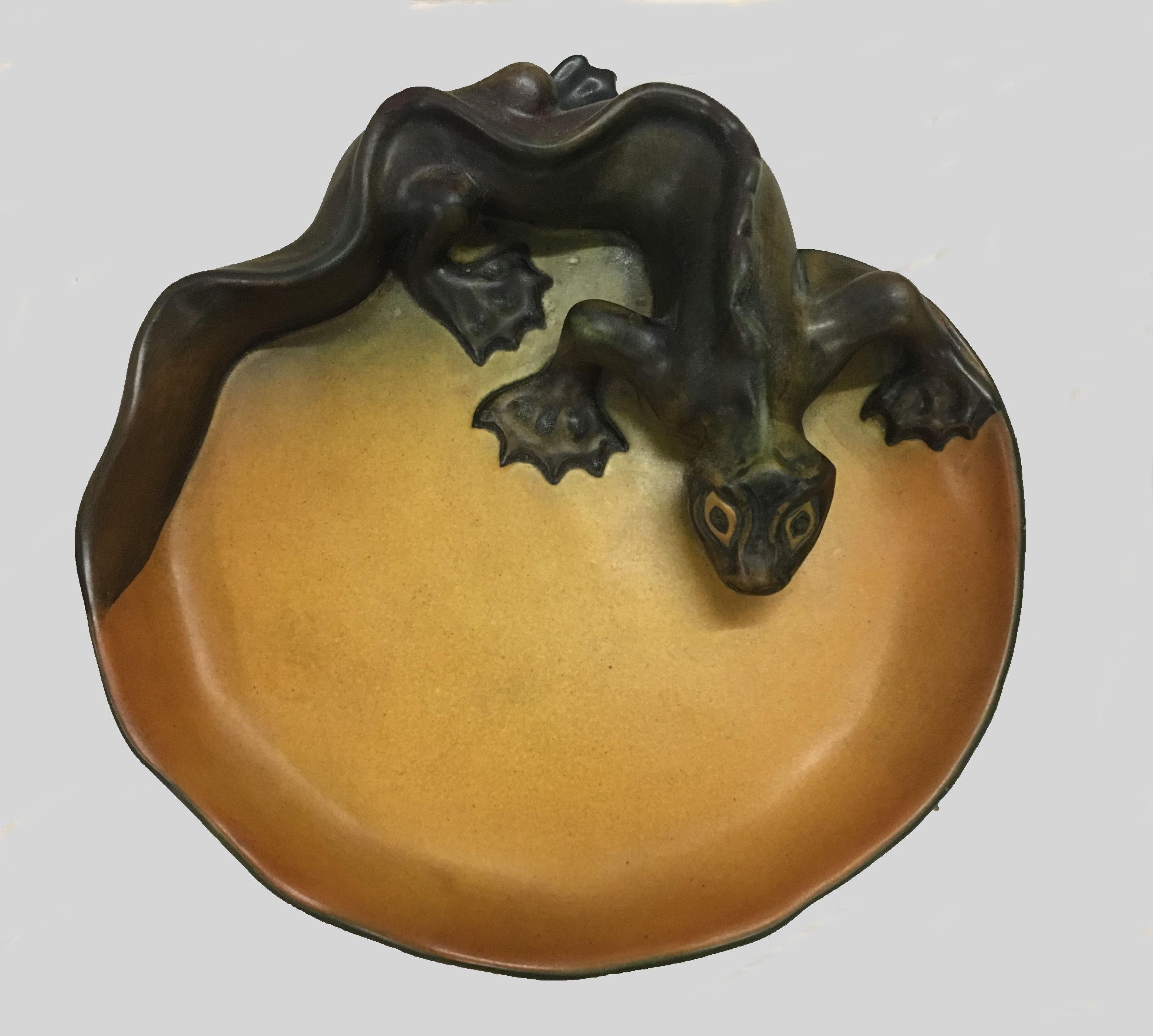 Ceramic 1900's Hand-Crafted Danish Art Nouveau Lizard Ash Tray / Bowl by P. Ibsens Enke For Sale