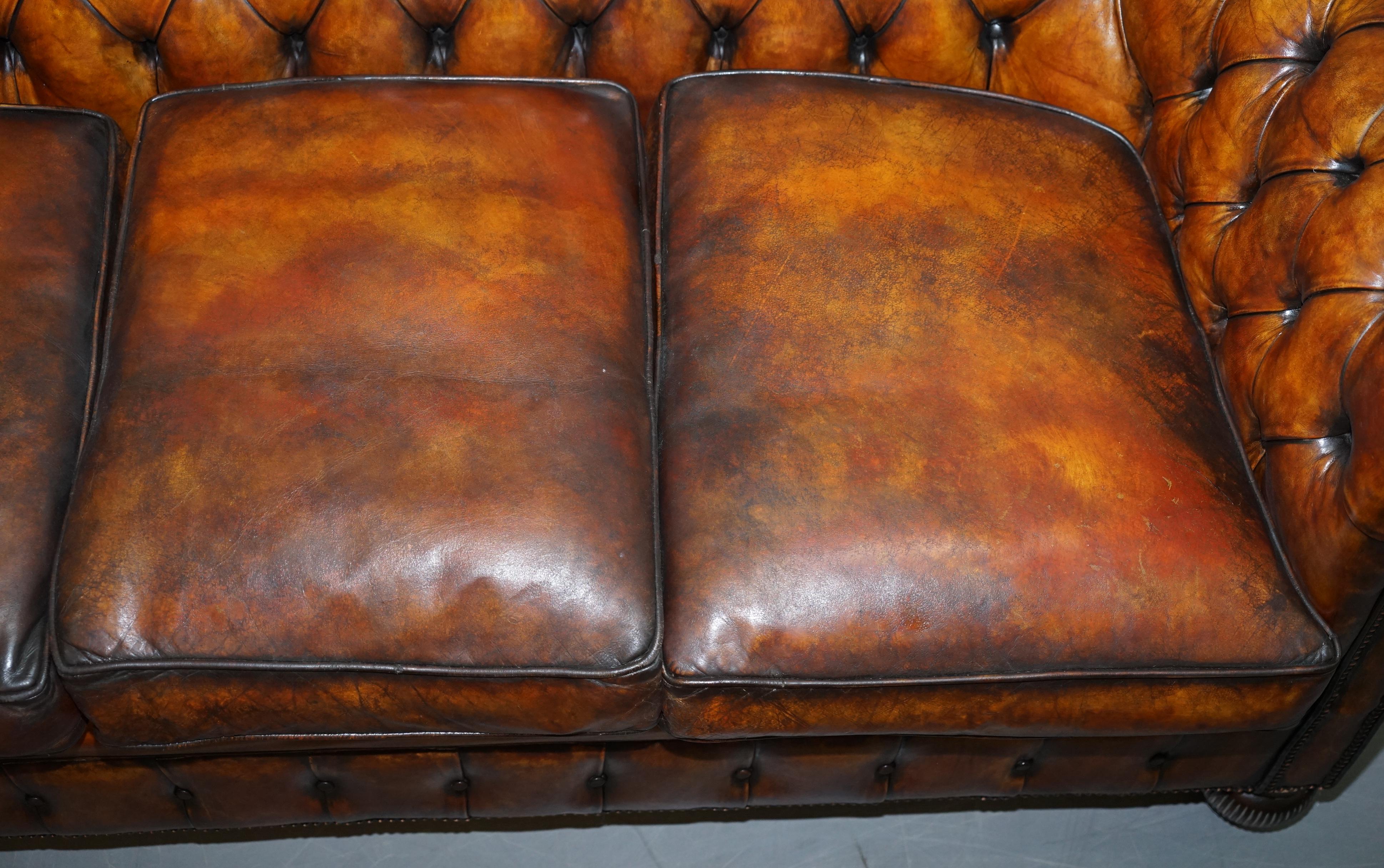1900s Hand Dyed Whisky Brown Leather Feather Cushions Chesterfield Club Sofa For Sale 2