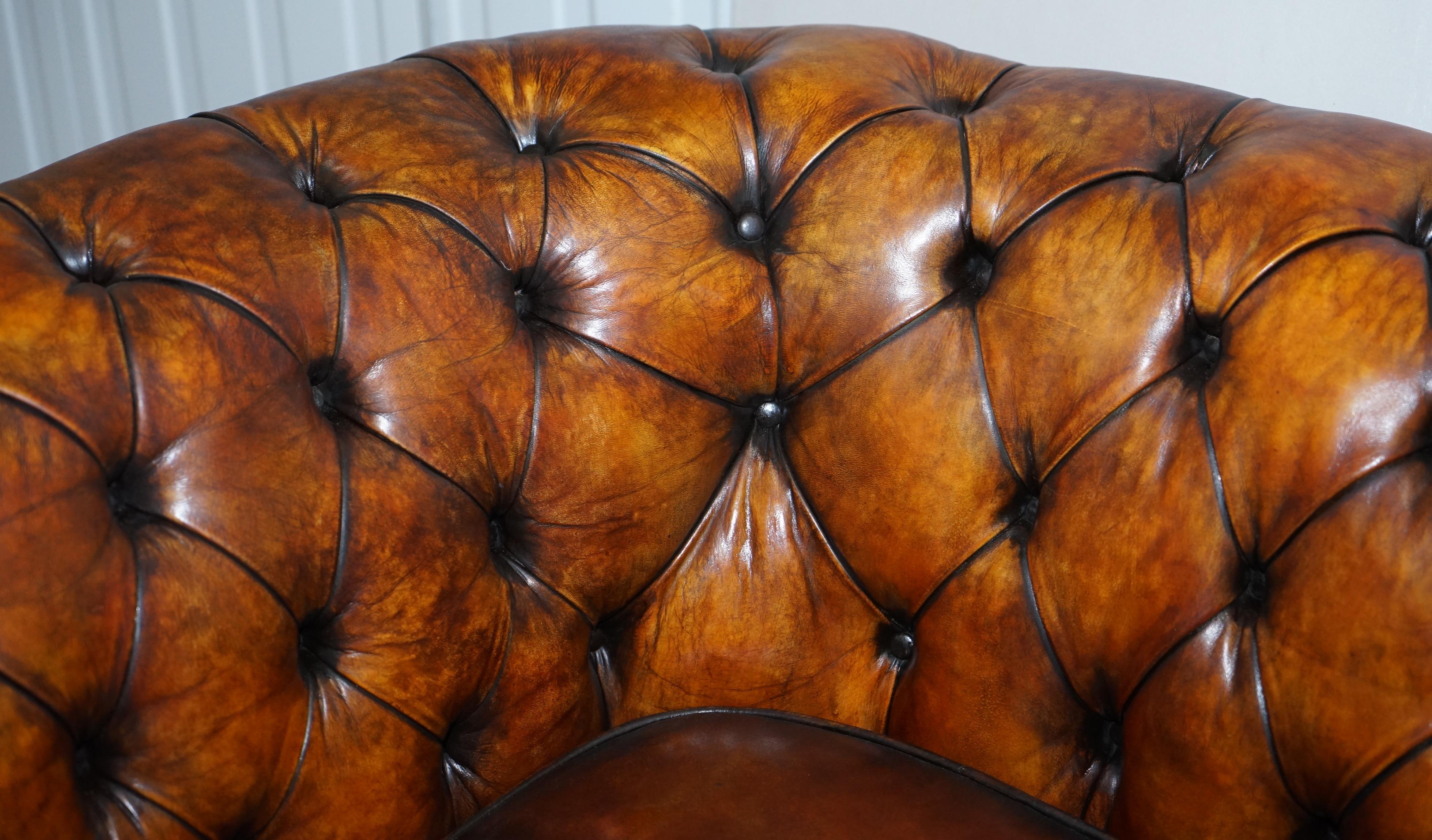 1900s Hand Dyed Whisky Brown Leather Feather Cushions Chesterfield Club Sofa For Sale 3