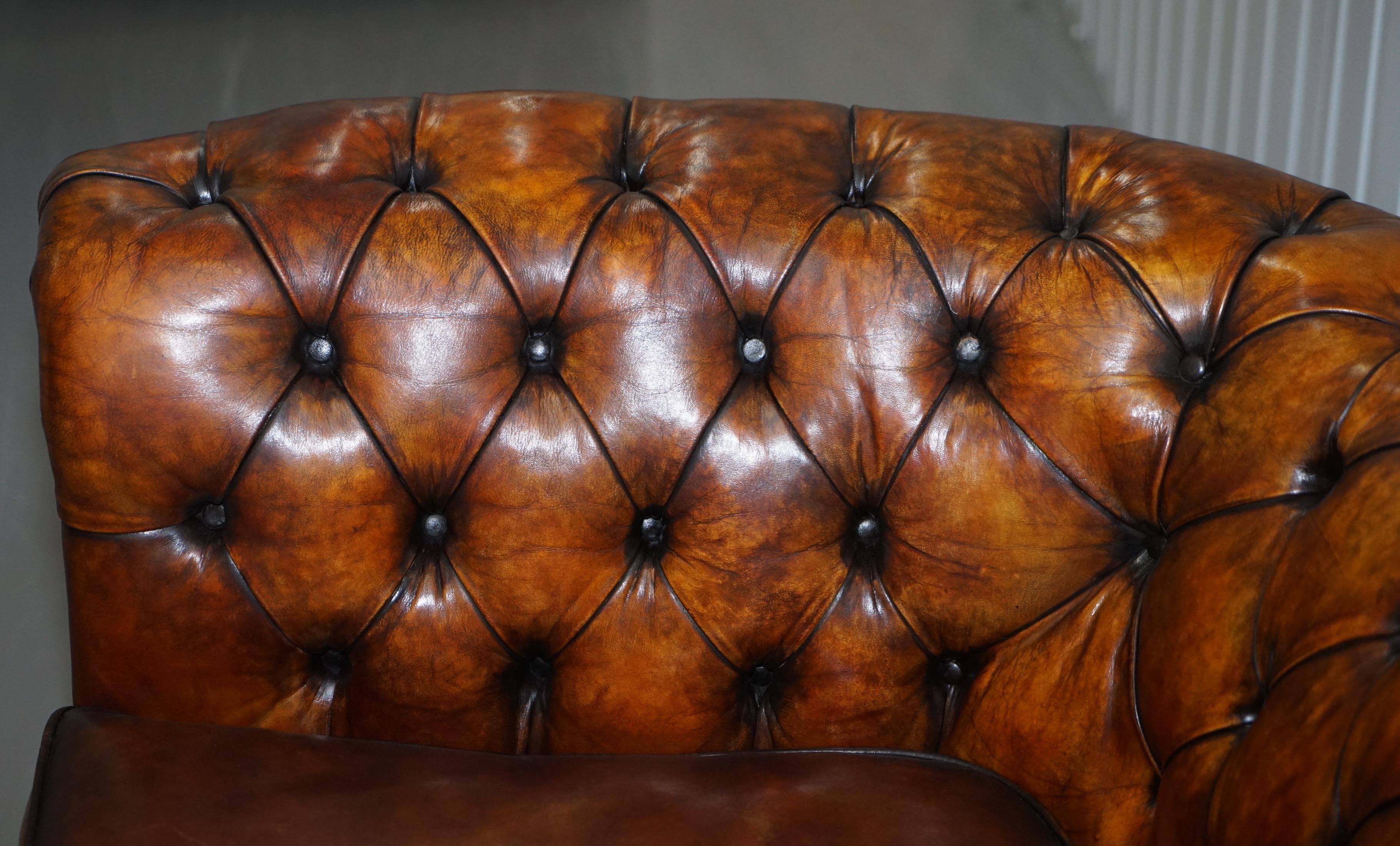 1900s Hand Dyed Whisky Brown Leather Feather Cushions Chesterfield Club Sofa For Sale 4