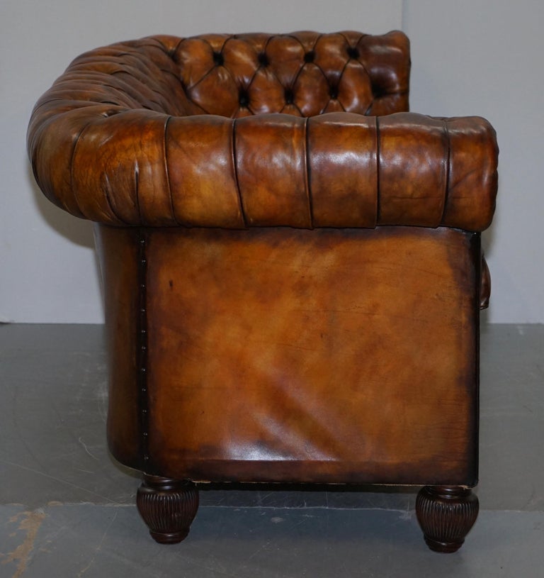 1900s Hand Dyed Whisky Brown Leather Feather Cushions Chesterfield Club Sofa For Sale 8