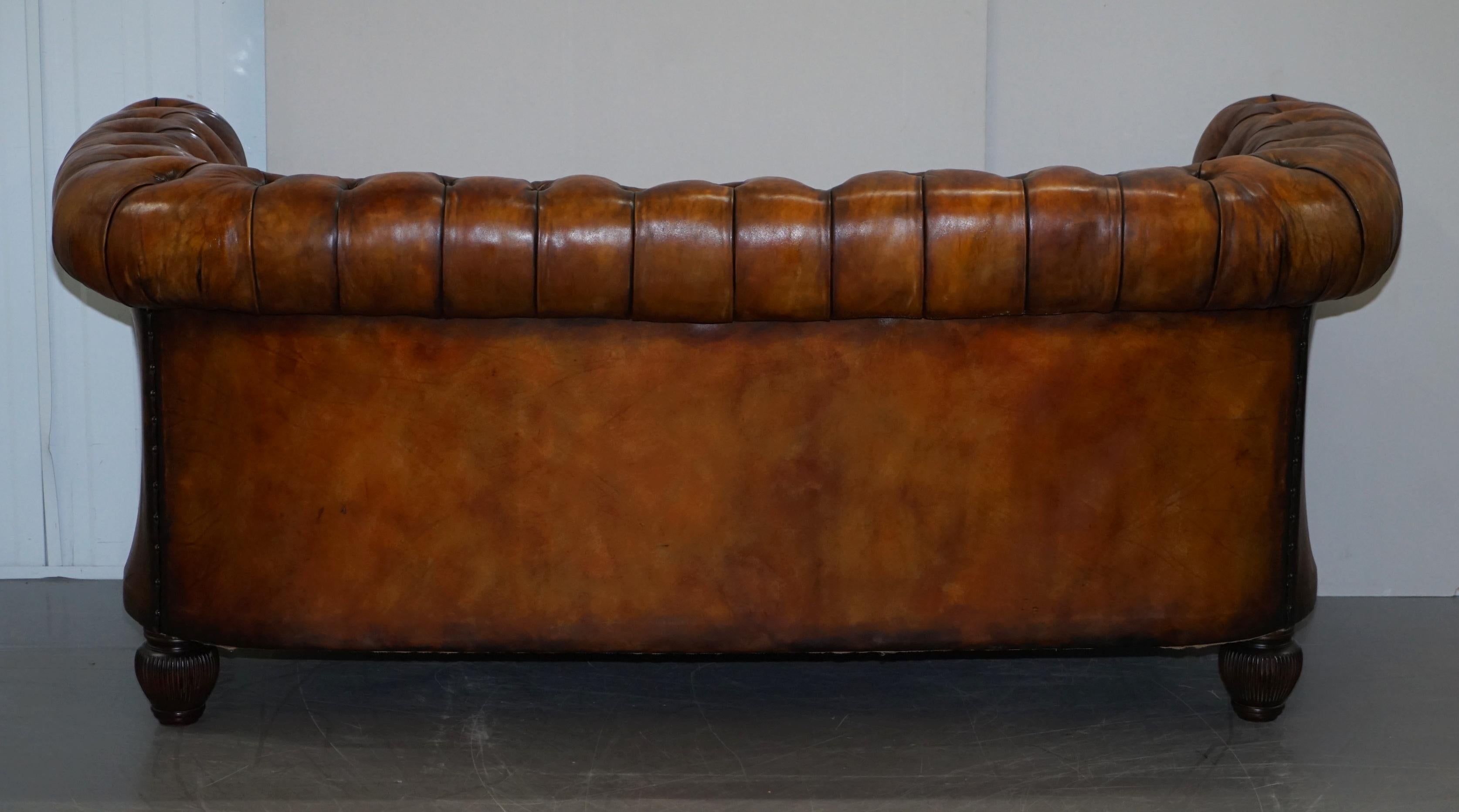 1900s Hand Dyed Whisky Brown Leather Feather Cushions Chesterfield Club Sofa For Sale 6