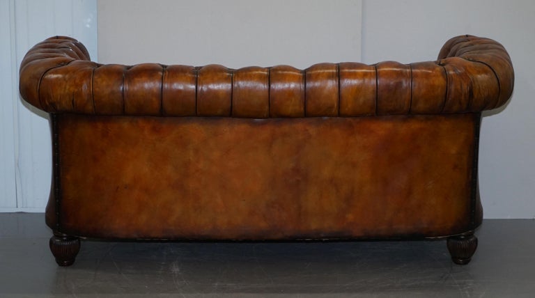 1900s Hand Dyed Whisky Brown Leather Feather Cushions Chesterfield Club Sofa For Sale 9