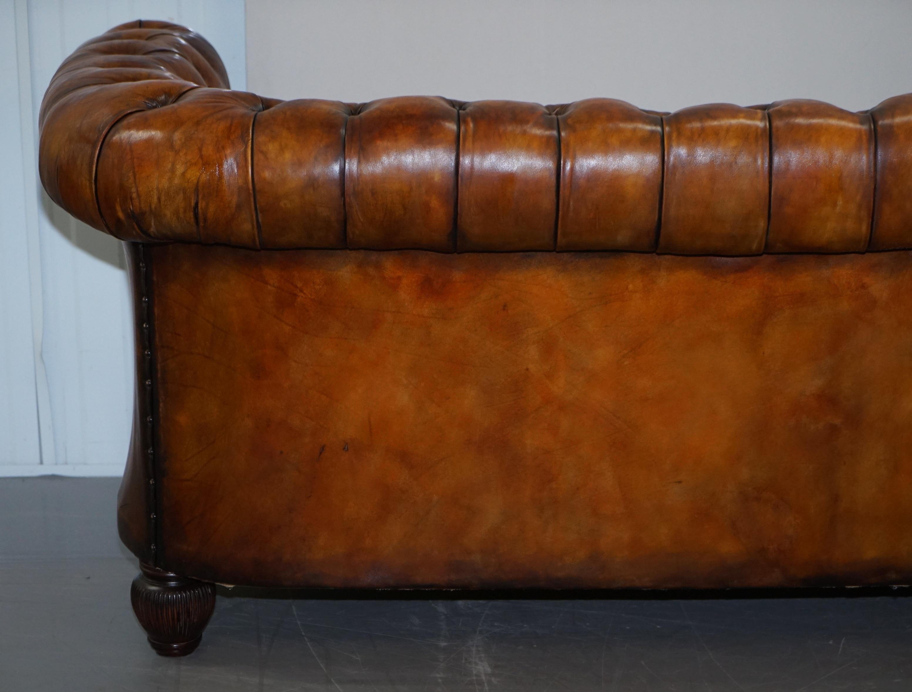 1900s Hand Dyed Whisky Brown Leather Feather Cushions Chesterfield Club Sofa For Sale 7