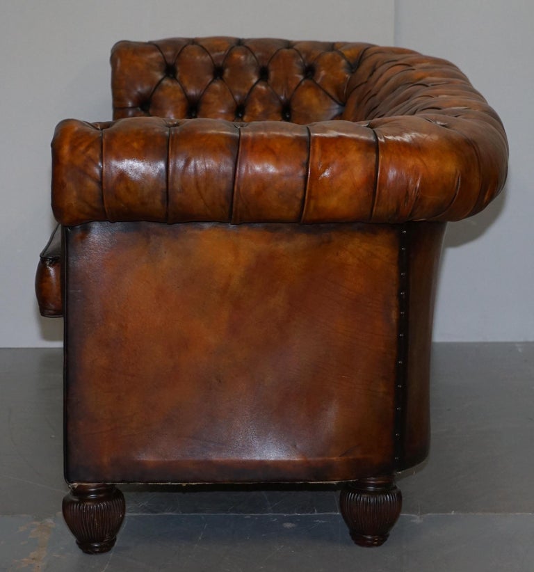 1900s Hand Dyed Whisky Brown Leather Feather Cushions Chesterfield Club Sofa For Sale 11