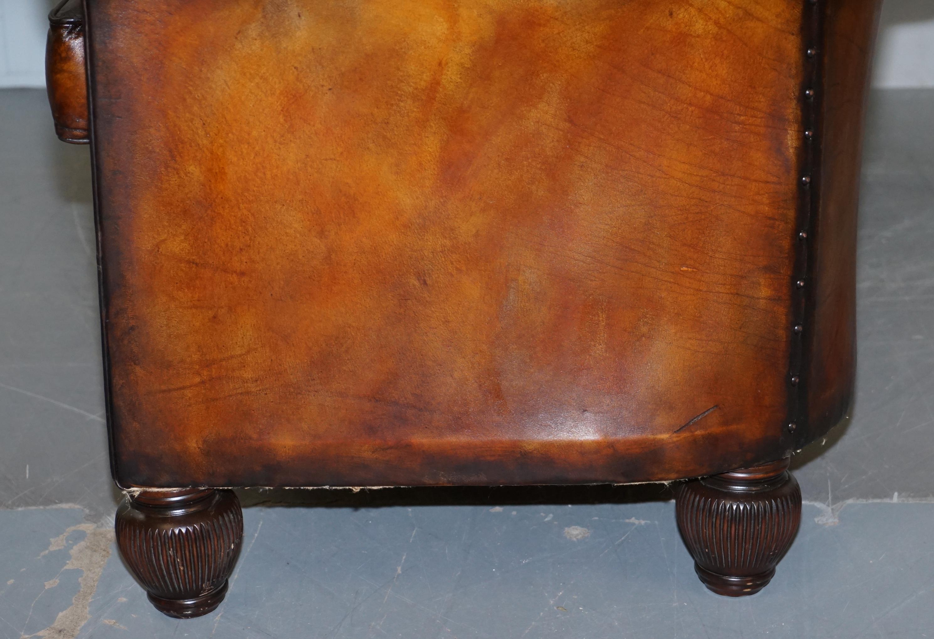 1900s Hand Dyed Whisky Brown Leather Feather Cushions Chesterfield Club Sofa For Sale 9