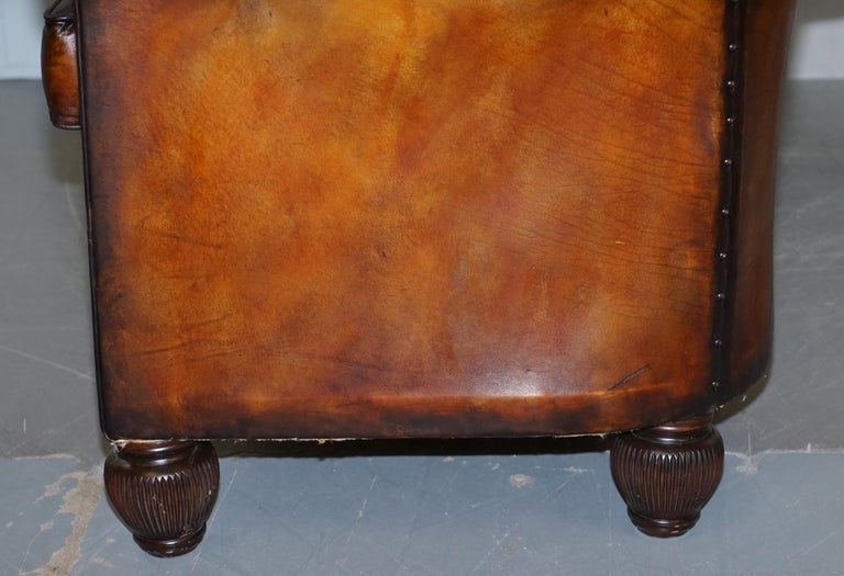 1900s Hand Dyed Whisky Brown Leather Feather Cushions Chesterfield Club Sofa For Sale 12