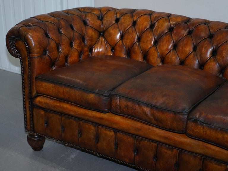 English 1900s Hand Dyed Whisky Brown Leather Feather Cushions Chesterfield Club Sofa For Sale