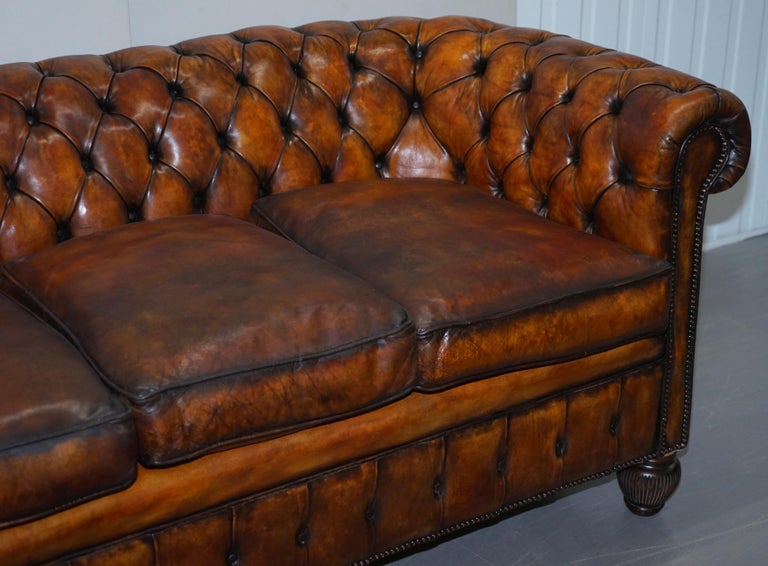 Hand-Crafted 1900s Hand Dyed Whisky Brown Leather Feather Cushions Chesterfield Club Sofa For Sale