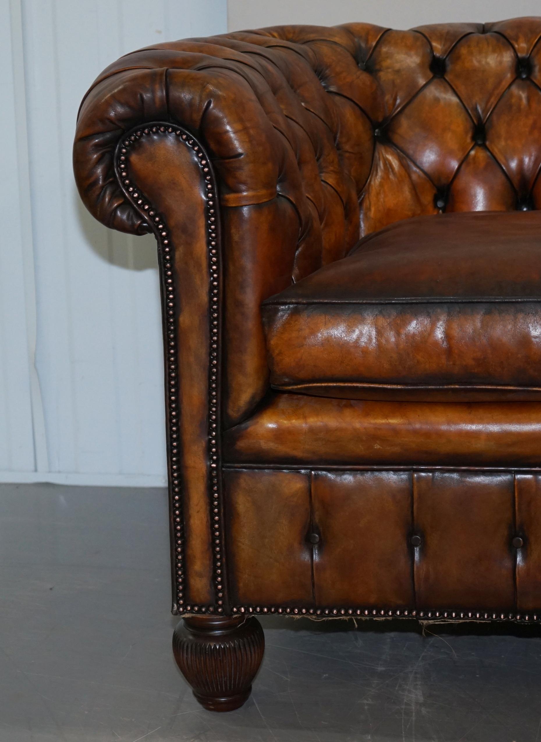 Late Victorian 1900s Hand Dyed Whisky Brown Leather Feather Cushions Chesterfield Club Sofa For Sale