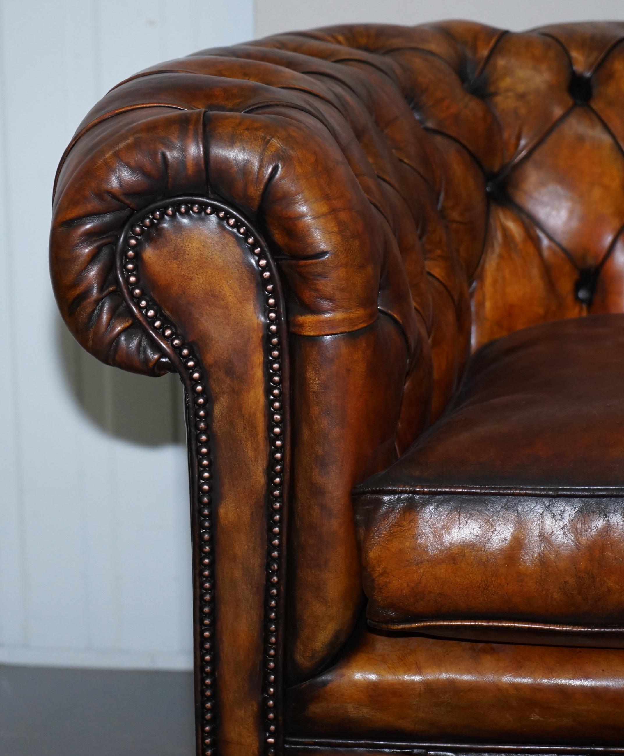 English 1900s Hand Dyed Whisky Brown Leather Feather Cushions Chesterfield Club Sofa For Sale