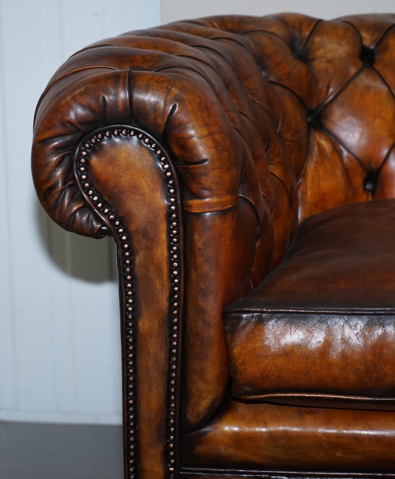 1900s Hand Dyed Whisky Brown Leather Feather Cushions Chesterfield Club Sofa For Sale 1