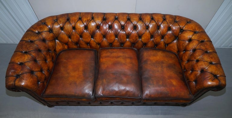 1900s Hand Dyed Whisky Brown Leather Feather Cushions Chesterfield Club Sofa For Sale 3
